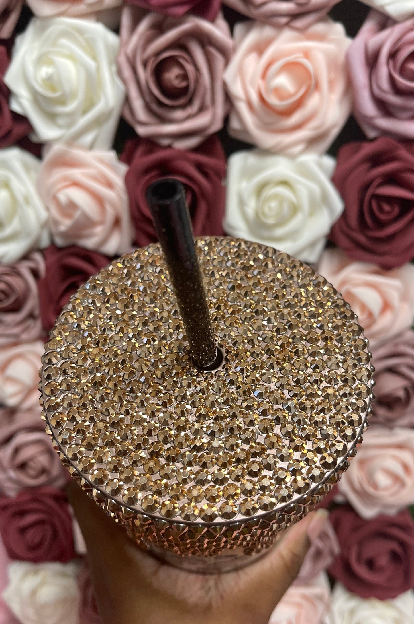 Rose Gold and Black Ombre Cheetah Print Drip Rhinestone Bling Venti Acrylic Tumbler 24oz