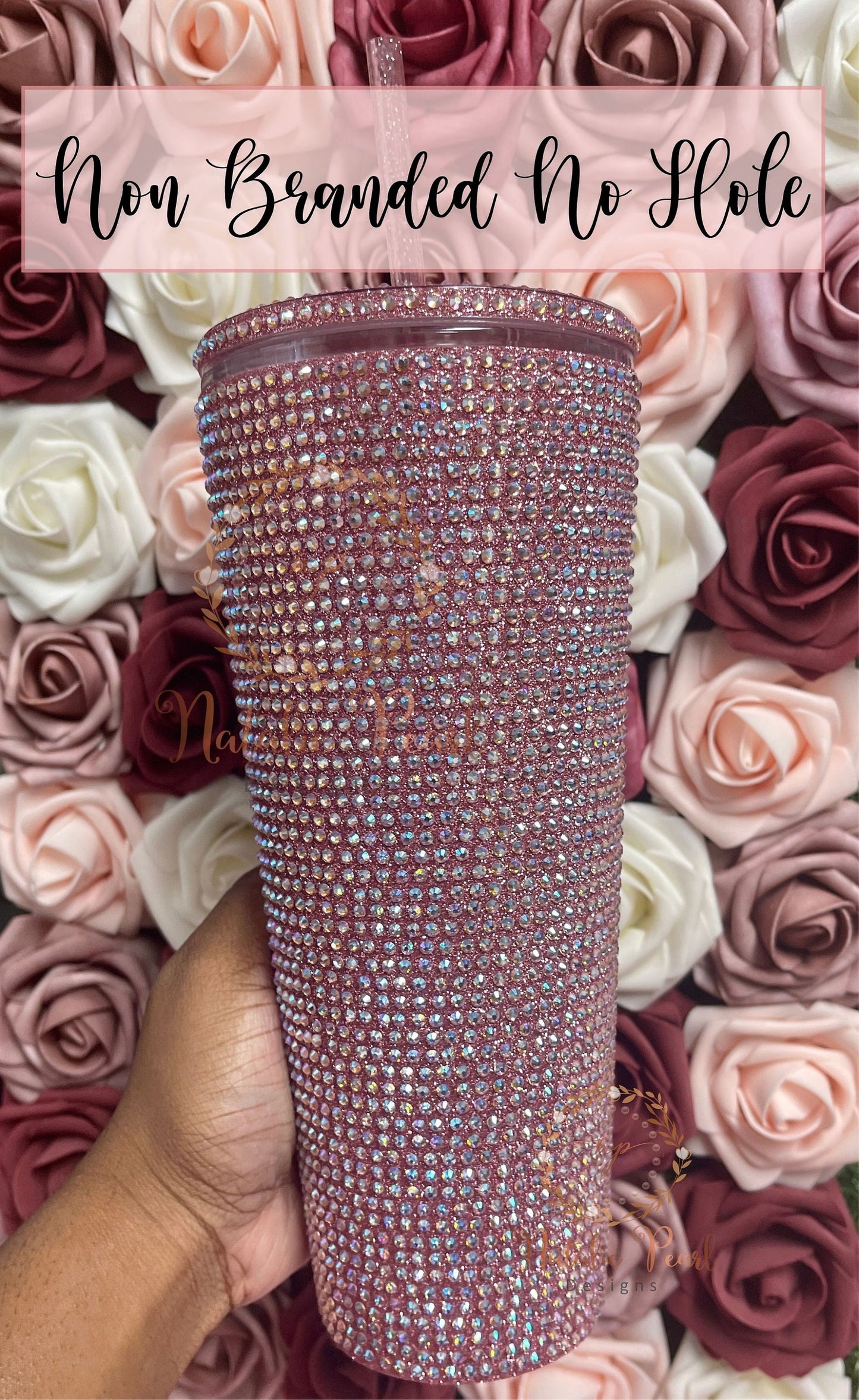 Rose Gold With Pink AB Full Glitter Rhinestone Bling Venti Acrylic Starbucks Tumbler 24oz