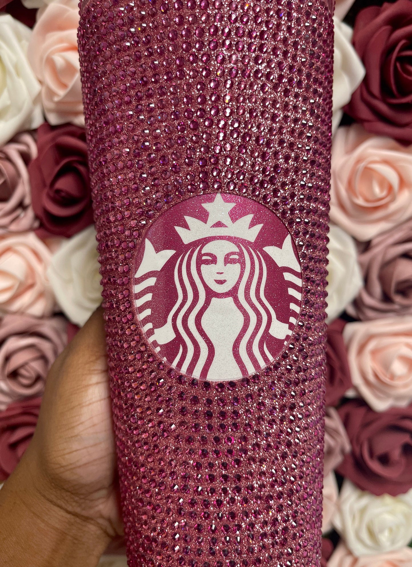 Rose Gold Vinyl With Rose Pink Full Glitter Rhinestone Bling Venti Acrylic Starbucks Tumbler 24oz
