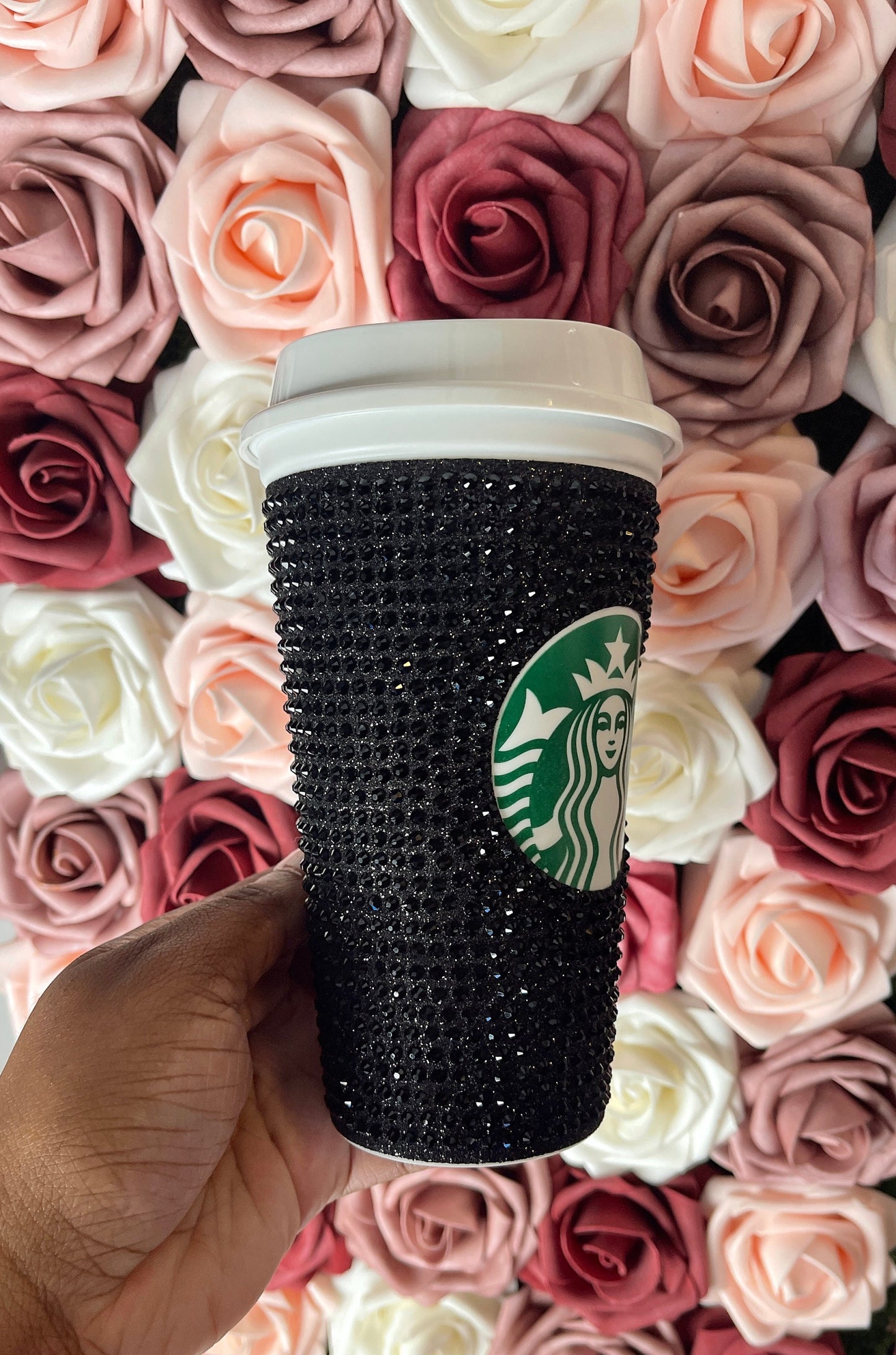 Black Glitter HTV and Black Rhinestone Bling Hot Cup Starbucks Tumbler 16 oz