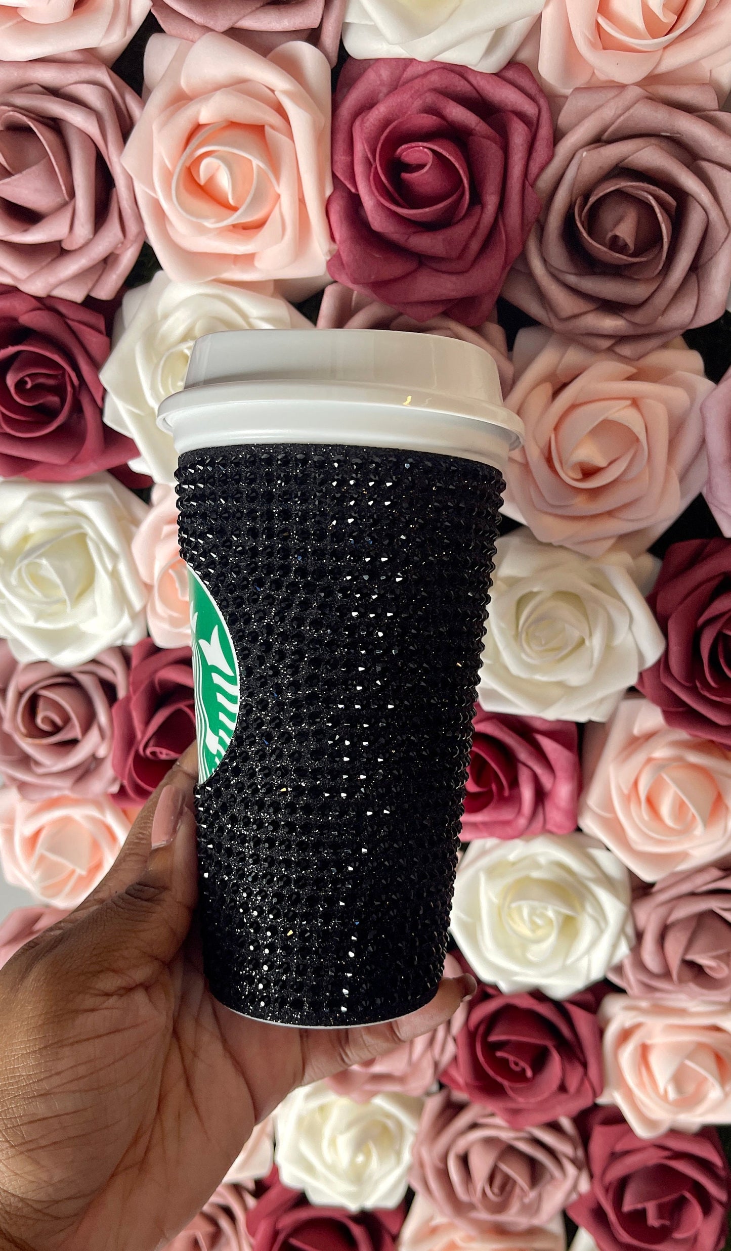 Black Glitter HTV and Black Rhinestone Bling Hot Cup Starbucks Tumbler 16 oz
