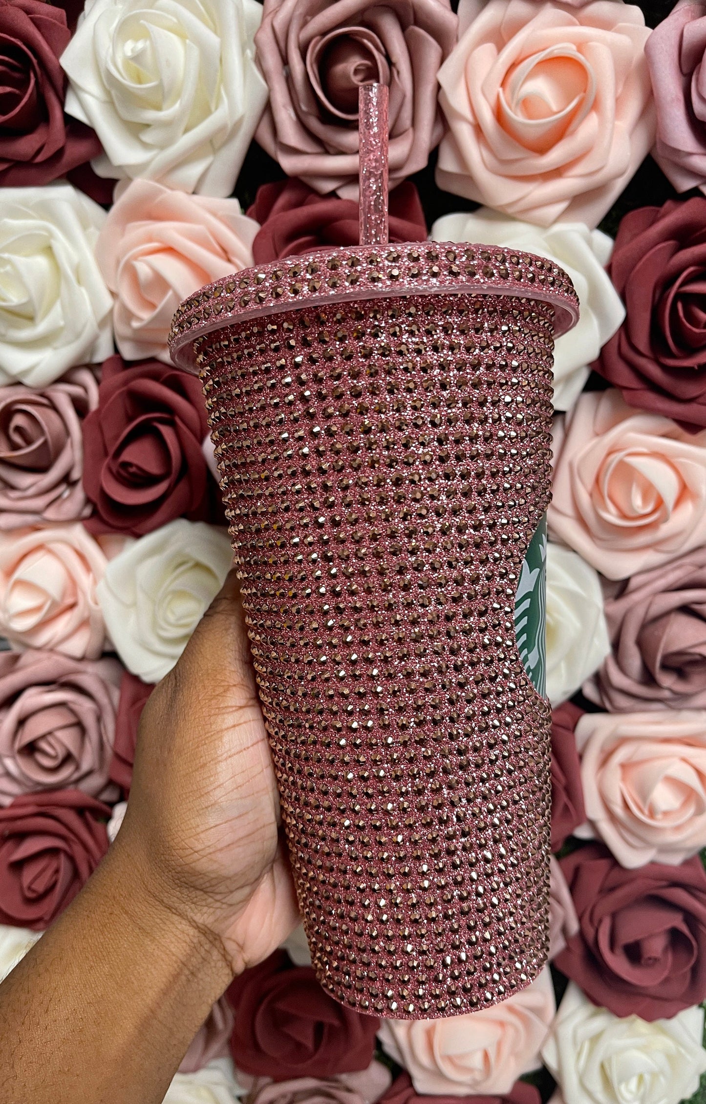 Rose Gold Starbucks Rhinestone Bling Bedazzled Glitter Tumbler, 24 oz Reusable Plastic