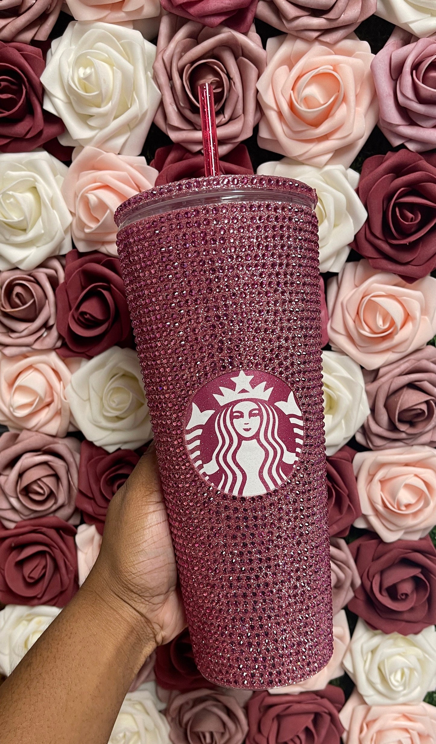 Rose Gold Vinyl With Rose Pink Full Glitter Rhinestone Bling Venti Acrylic Starbucks Tumbler 24oz