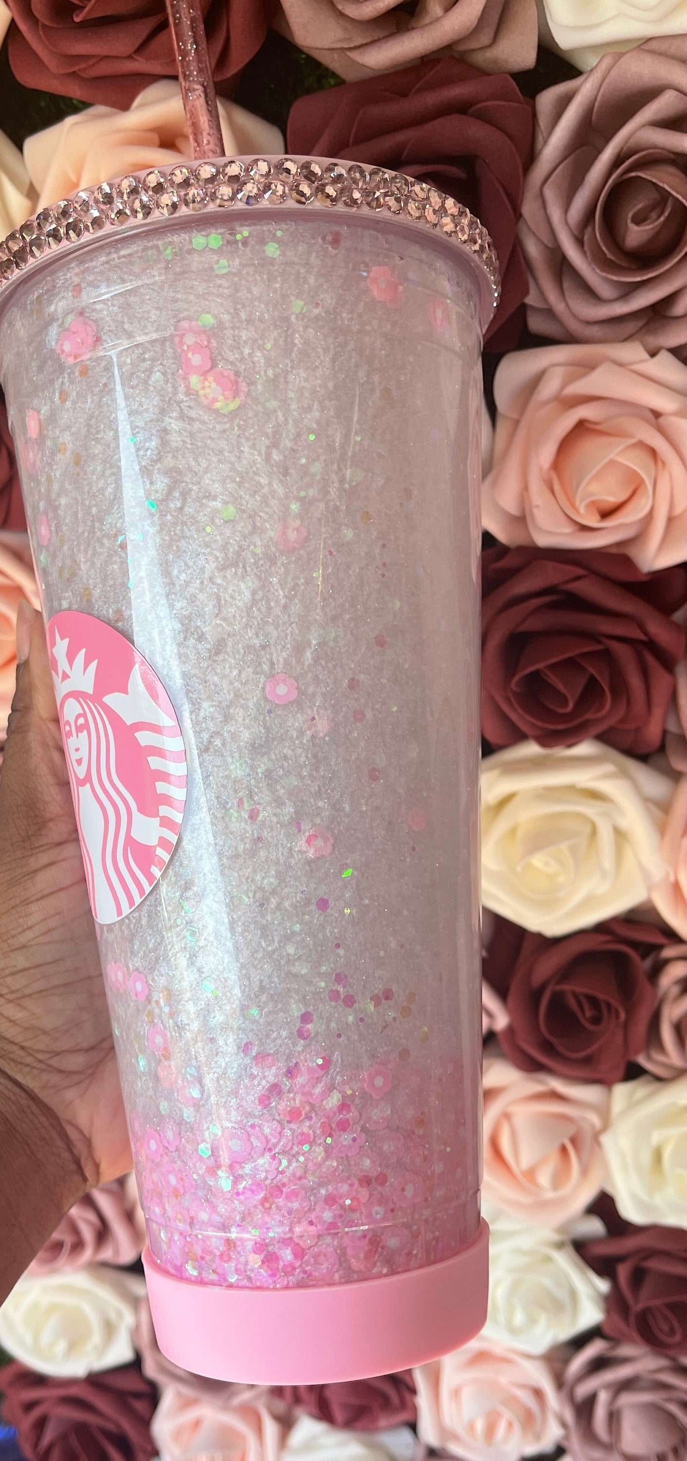 32 oz Pink Flower Snow Globe Tumbler Glitter Polymer Clay