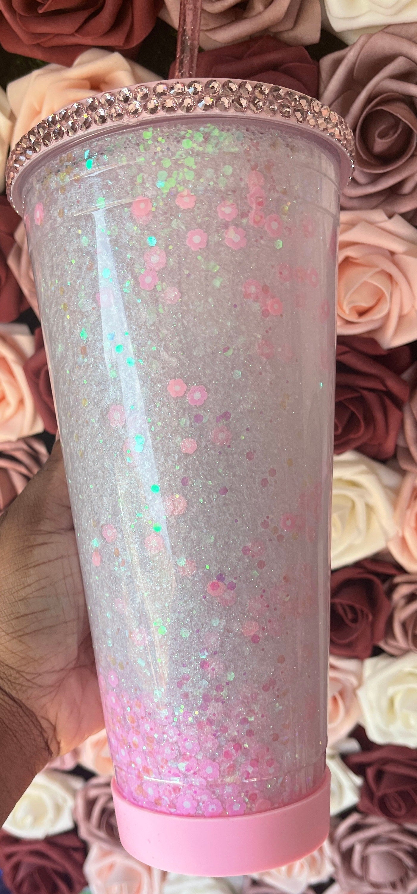 32 oz Pink Flower Snow Globe Tumbler Glitter Polymer Clay