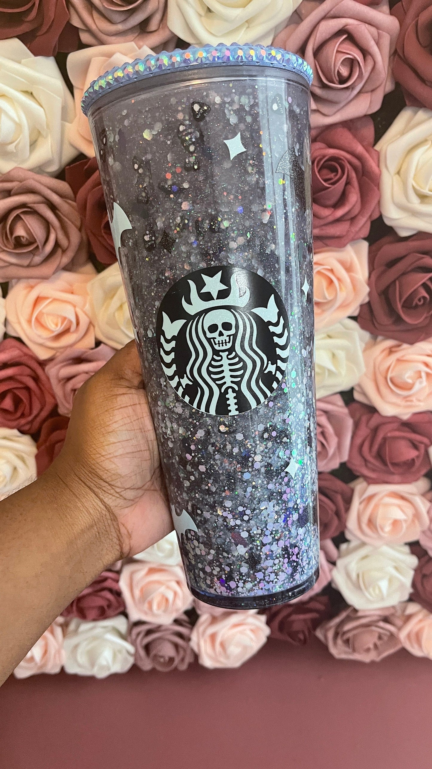 Cold Color Changing Spooky Glitter Tumbler, Pink Blue Purple to Black ,Halloween Snow Globe Tumbler, Bats and Glitter
