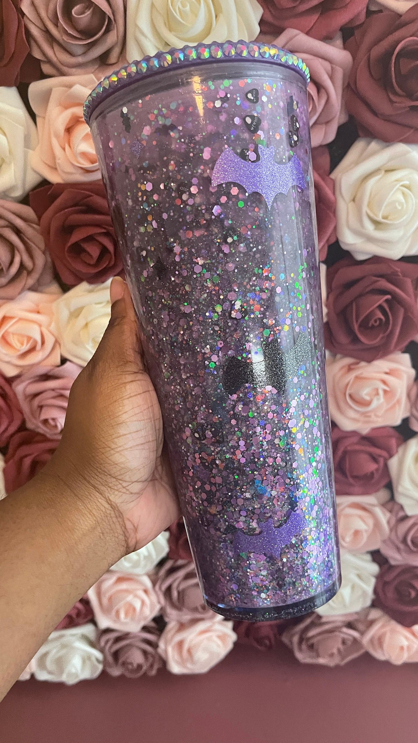 Cold Color Changing Spooky Glitter Tumbler, Pink Blue Purple to Black ,Halloween Snow Globe Tumbler, Bats and Glitter