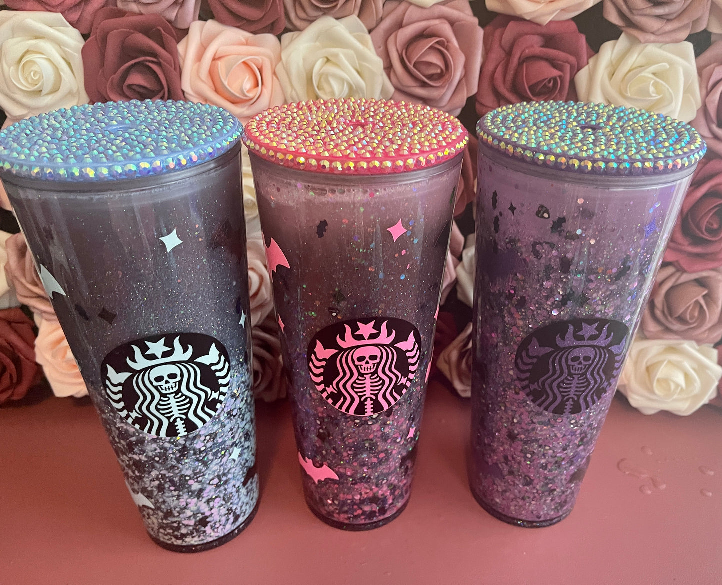 Cold Color Changing Spooky Glitter Tumbler, Pink Blue Purple to Black ,Halloween Snow Globe Tumbler, Bats and Glitter