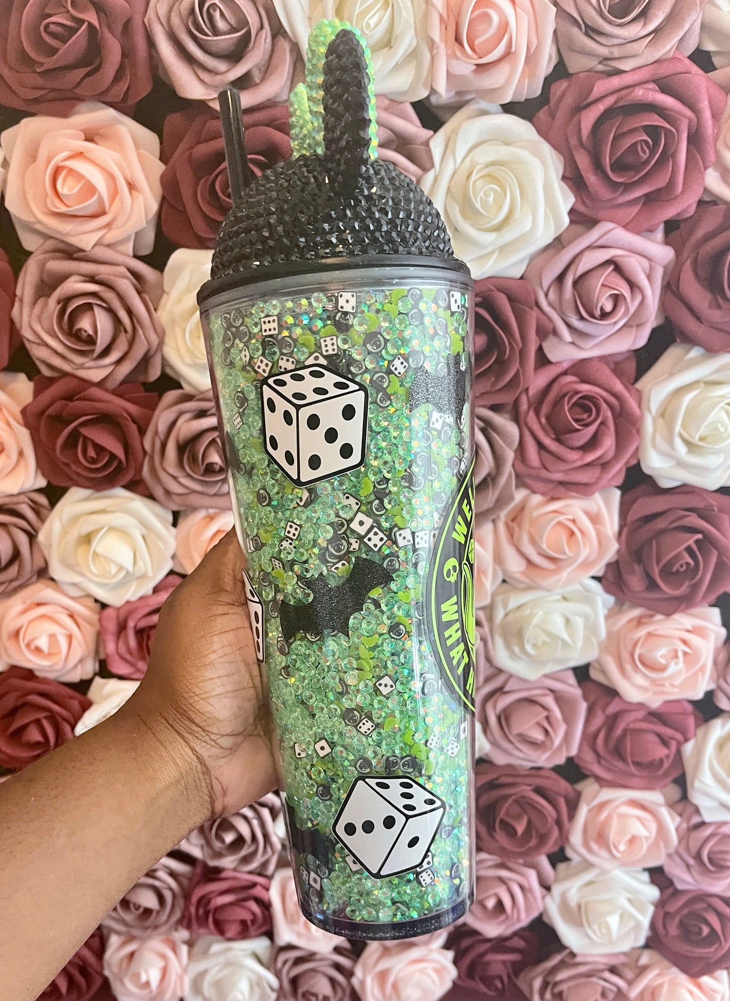 Halloween Green Mix Rhinestone Filled Tumbler, Rhinestone Lid, Reverse Rhinestones 24 oz