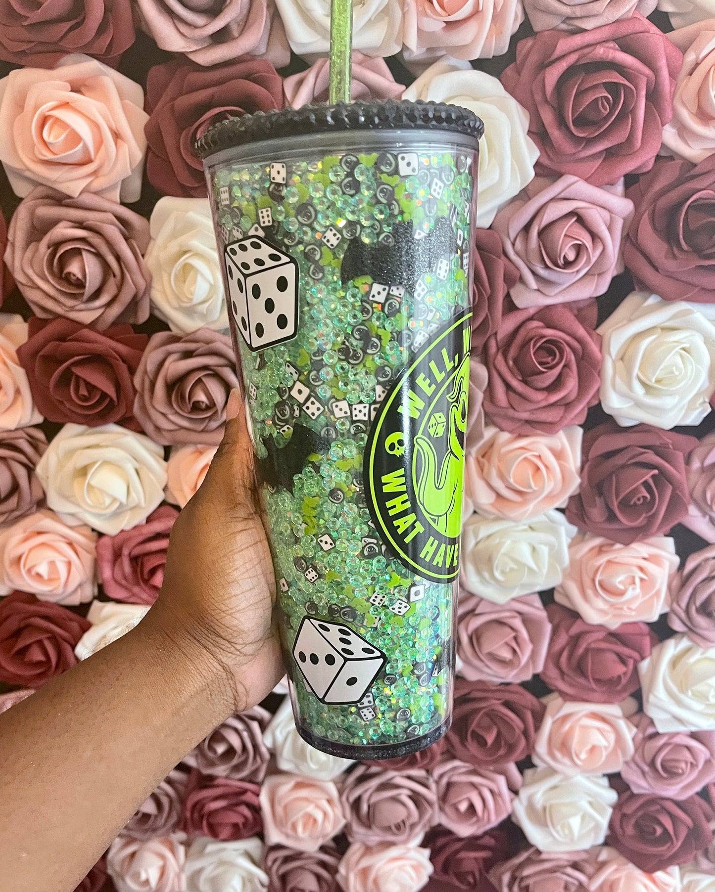 Halloween Green Mix Rhinestone Filled Tumbler, Rhinestone Lid, Reverse Rhinestones 24 oz
