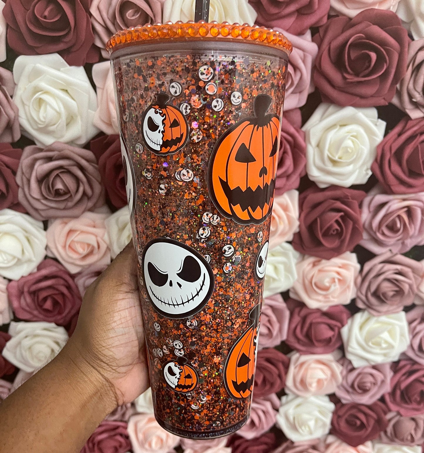 Spooky Pumpkin Orange & Black Halloween Snow Globe Tumbler