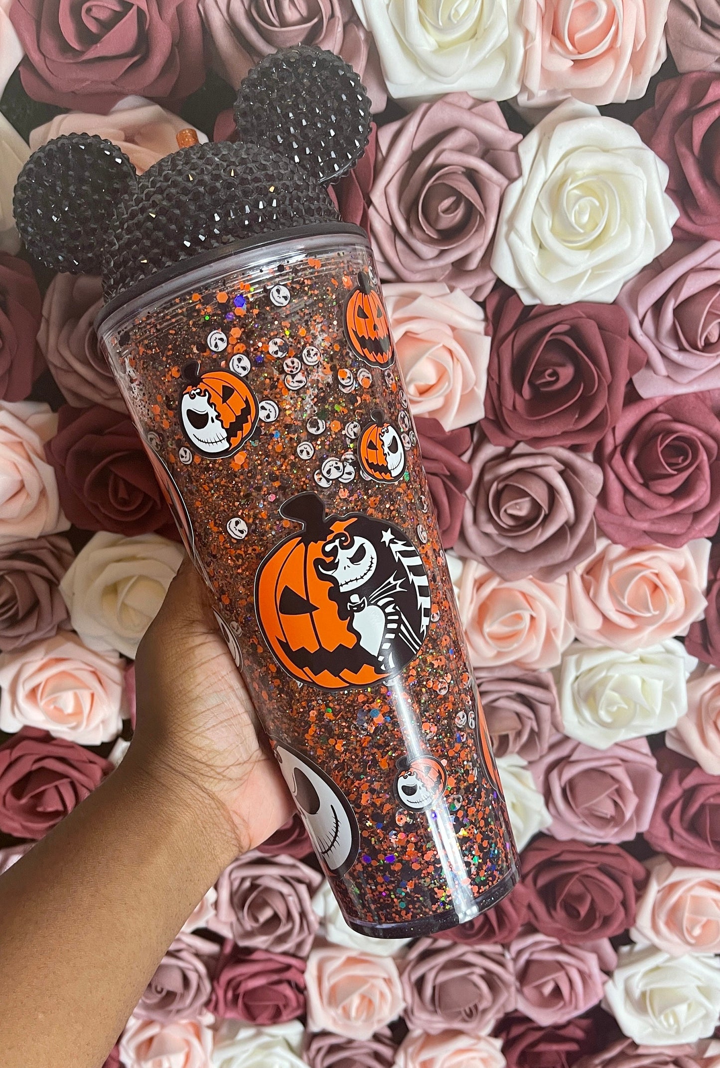 Spooky Pumpkin Orange & Black Halloween Snow Globe Tumbler