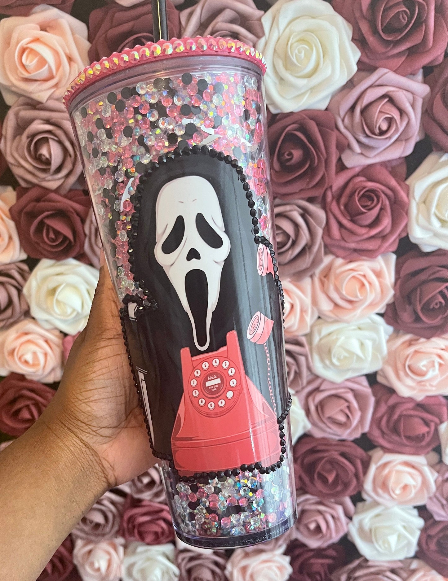 Halloween Ghost Mix Rhinestone Filled Tumbler, Spooky Tumbler, Rhinestone Lid, Reverse Rhinestones 24 oz