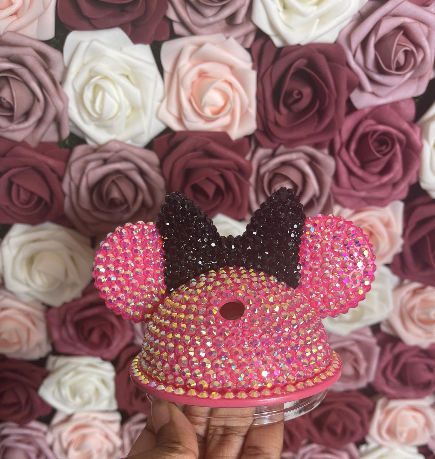 Hot Pink with Black Bow Full Bling Rhinestone Mouse Ear Lid, Lid Add On, Replacement Lid, Extra Lid, Fits Starbucks Tumblers