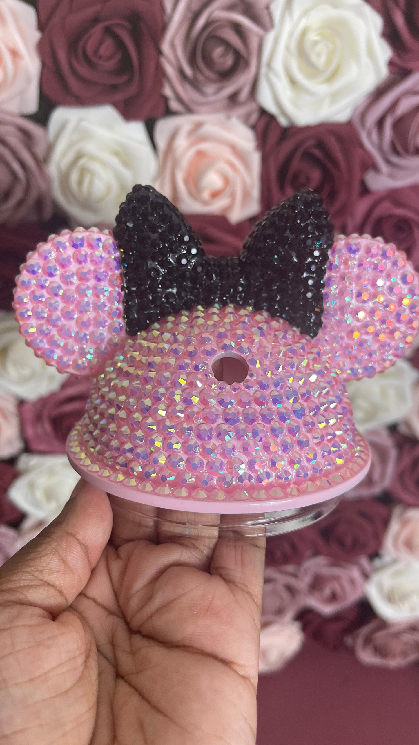 Light Pink AB with Black Bow Full Bling Rhinestone Mouse Ear Lid, Lid Add On, Replacement Lid, Extra Lid, Fits Starbucks Tumblers