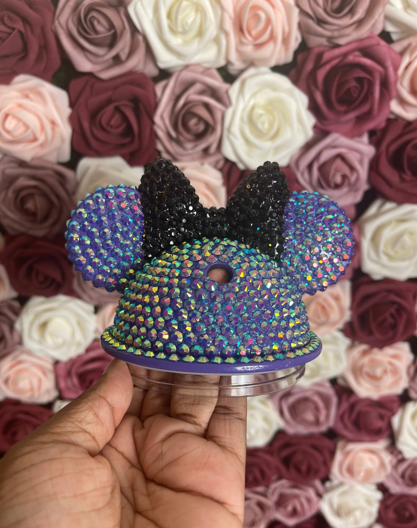 Amethyst AB with Black Bow Full Bling Rhinestone Mouse Ear Lid, Lid Add On, Replacement Lid, Extra Lid, Fits Starbucks Tumblers