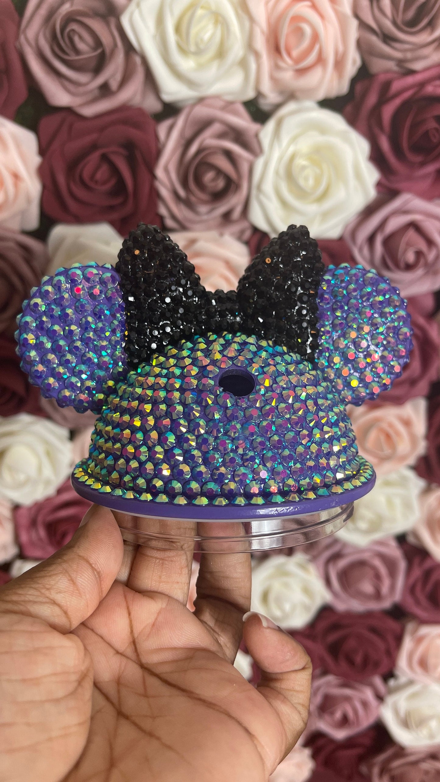 Amethyst AB with Black Bow Full Bling Rhinestone Mouse Ear Lid, Lid Add On, Replacement Lid, Extra Lid, Fits Starbucks Tumblers