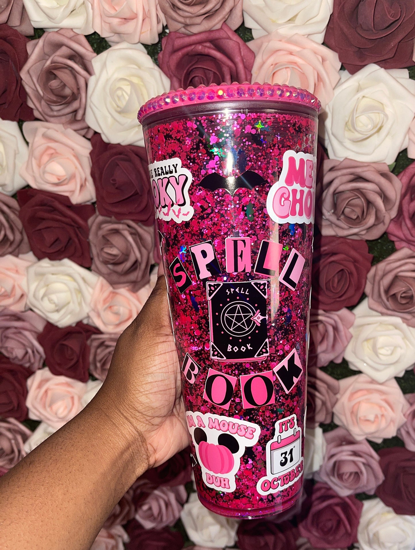 Spooky Spell Book Mean Girls Pink & Black Halloween Snow Globe Tumbler
