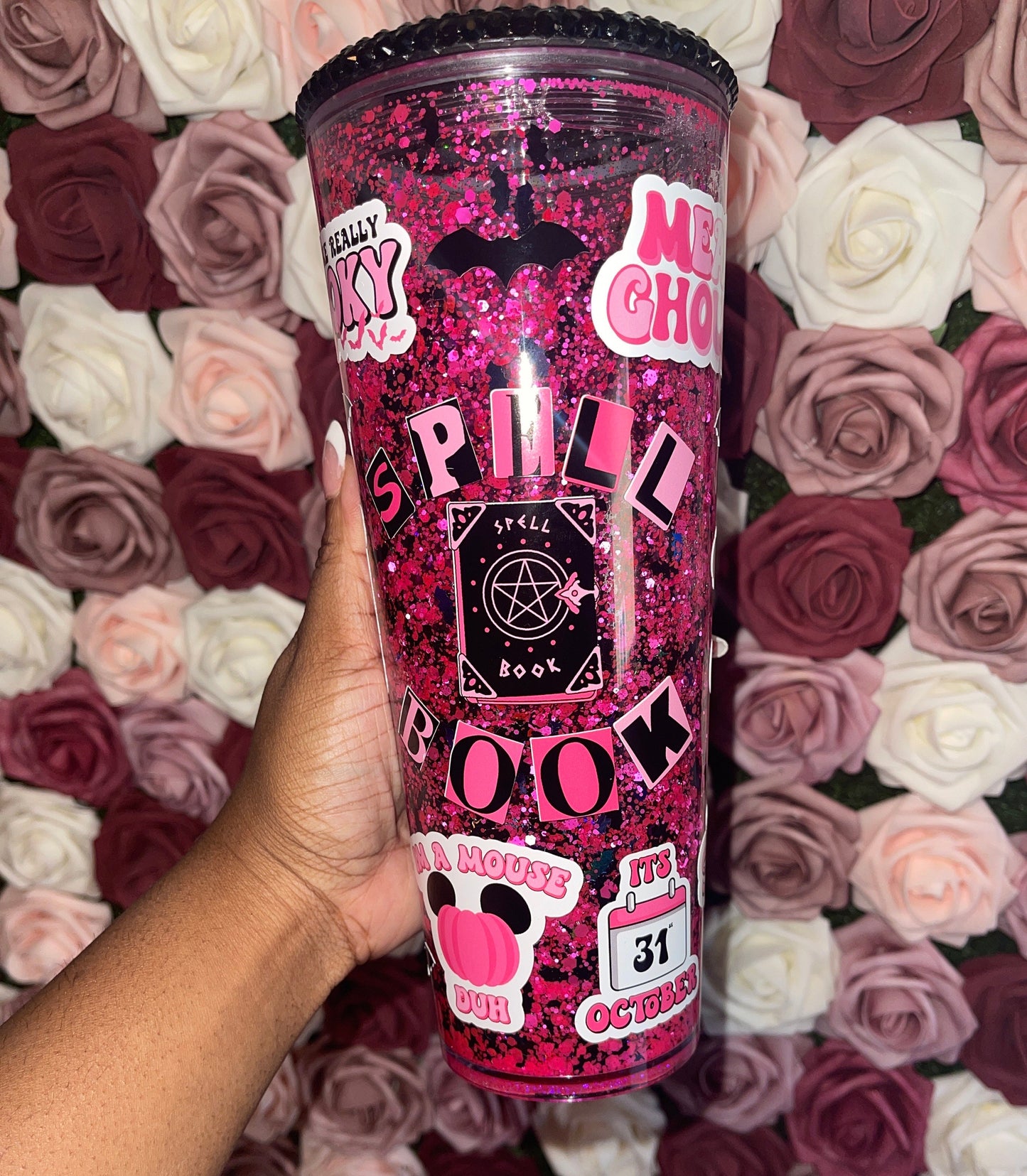 Spooky Spell Book Mean Girls Pink & Black Halloween Snow Globe Tumbler