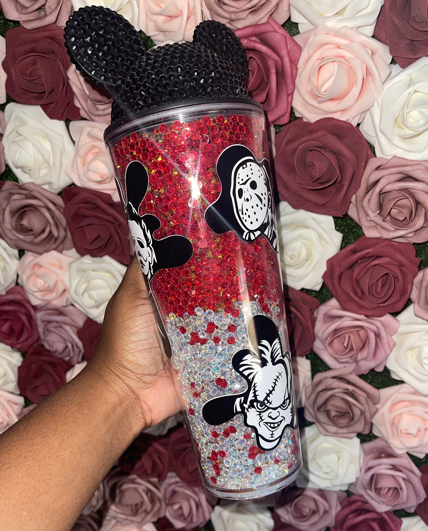 Halloween Scary Guys Blood Ombre Drip Rhinestone Filled Tumbler, Rhinestone Lid, Reverse Rhinestones 24 oz