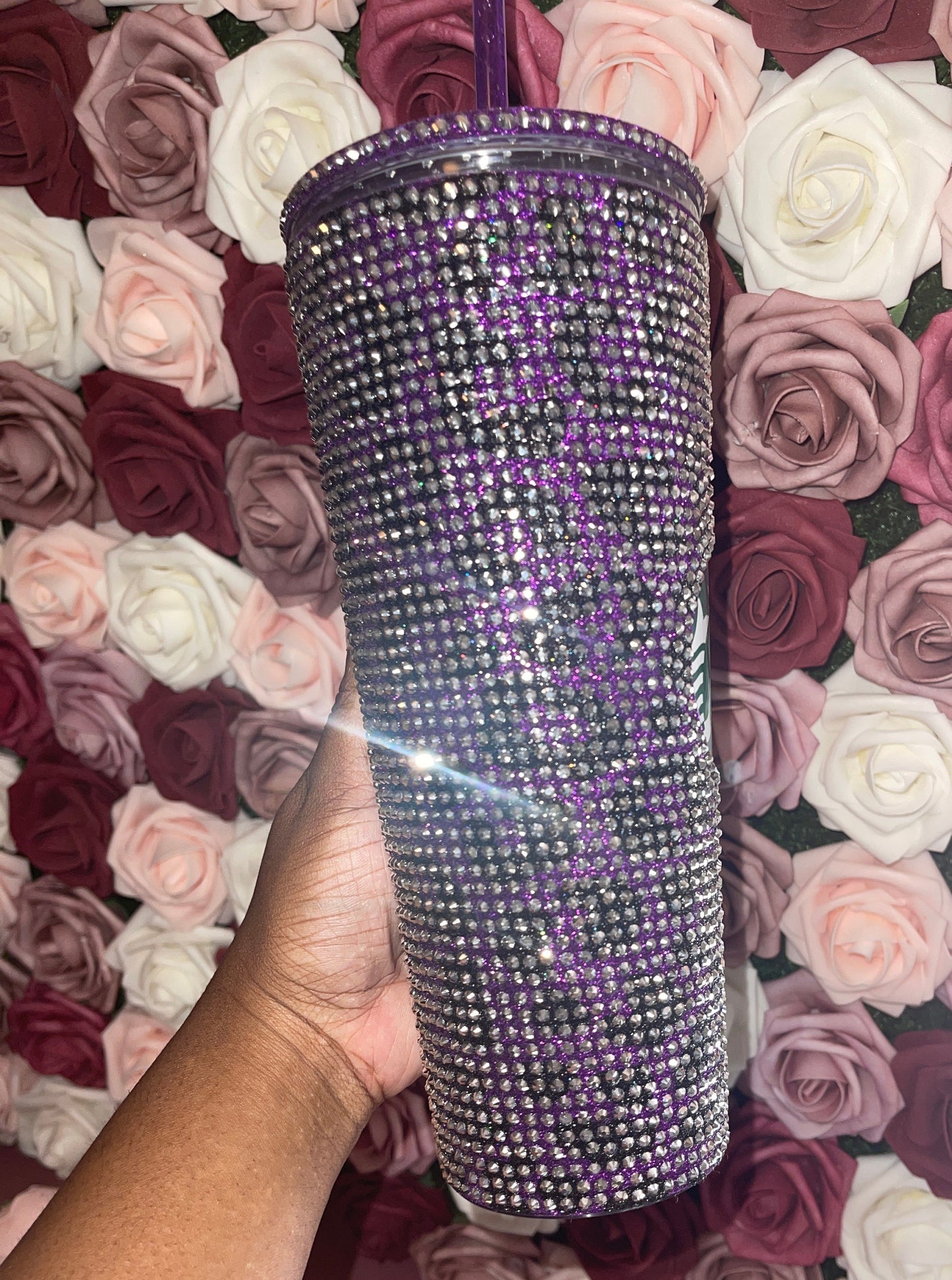 Purple & Black Glitter HTV with Silver Rhinestones Cheetah Leopard Print Vinyl Full Bling Venti Acrylic Starbucks Tumbler