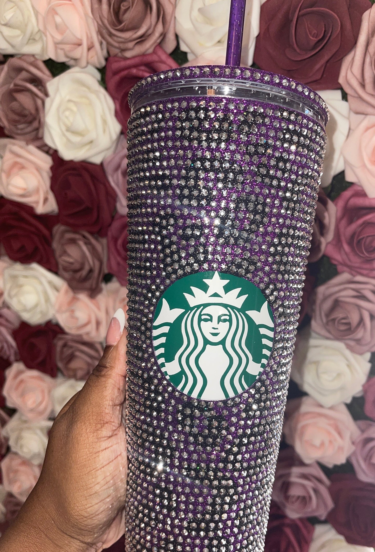 Purple & Black Glitter HTV with Silver Rhinestones Cheetah Leopard Print Vinyl Full Bling Venti Acrylic Starbucks Tumbler