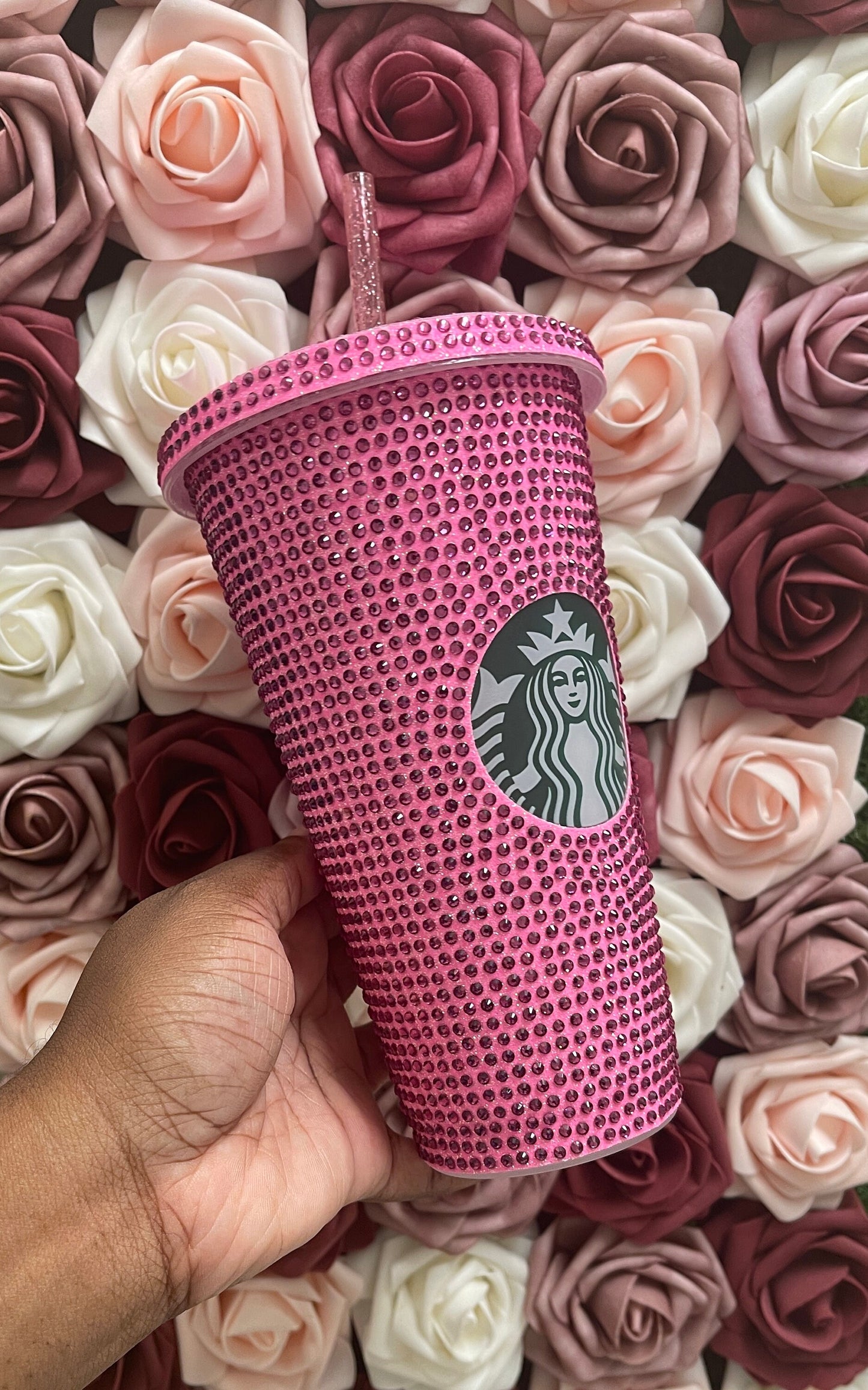 Flamingo Pink with Rose Pink Rhinestones Starbucks Cold Cup Rhinestone Bling Bedazzled Glitter Tumbler, 24 oz Reusable Plastic