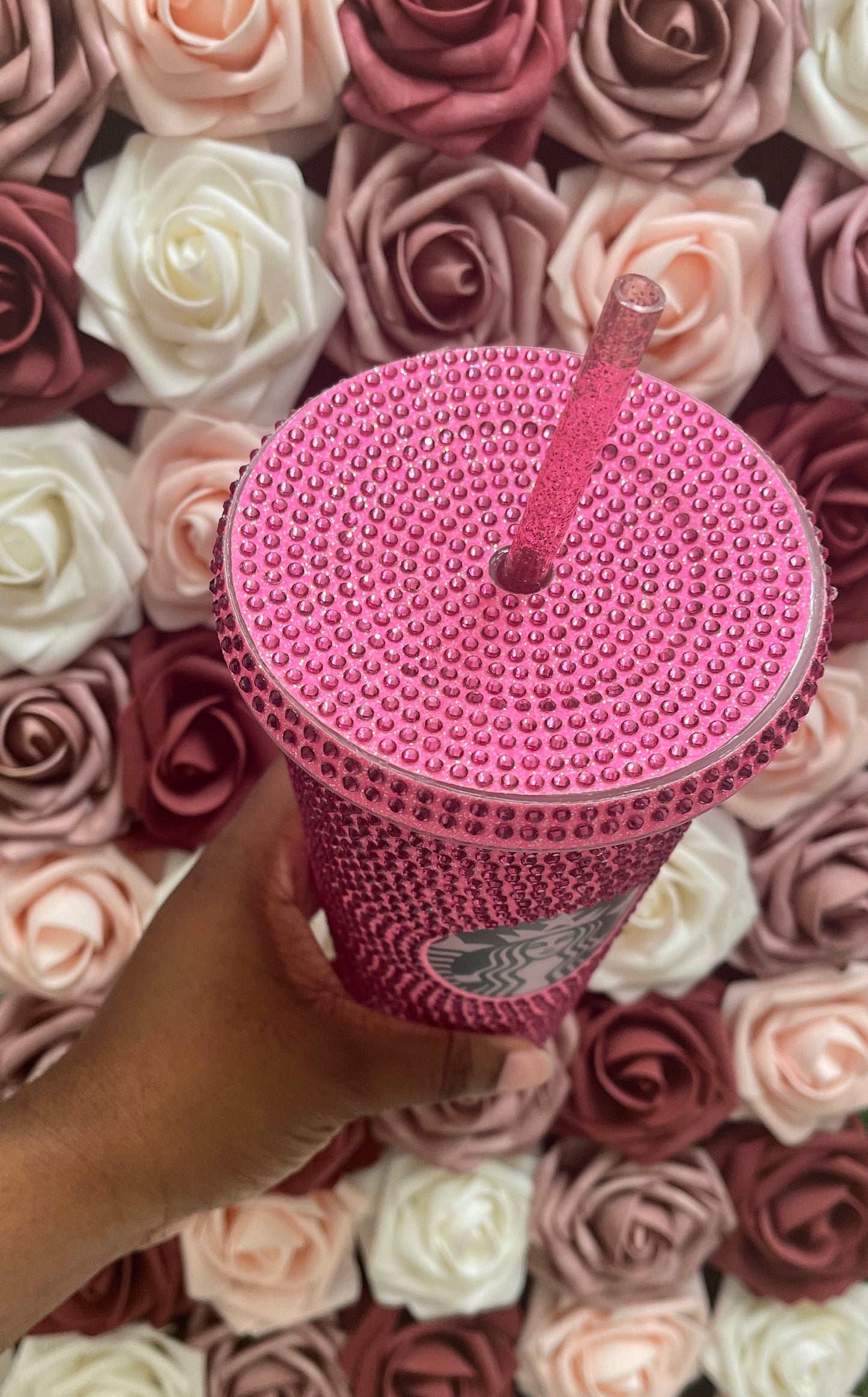 Flamingo Pink with Rose Pink Rhinestones Starbucks Cold Cup Rhinestone Bling Bedazzled Glitter Tumbler, 24 oz Reusable Plastic