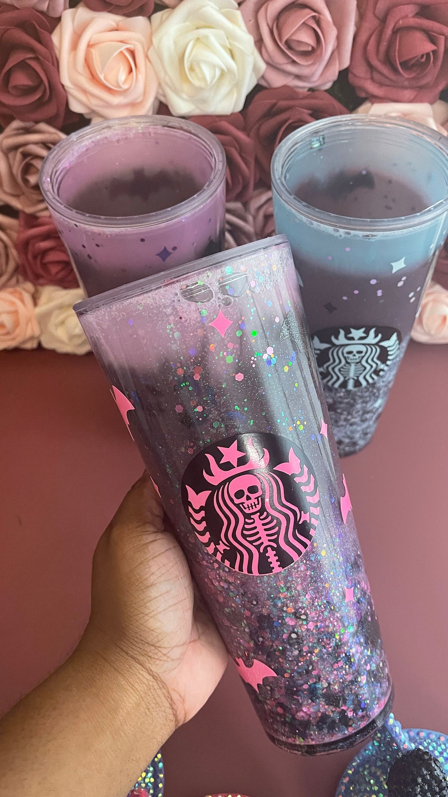 Cold Color Changing Spooky Glitter Tumbler, Pink Blue Purple to Black ,Halloween Snow Globe Tumbler, Bats and Glitter