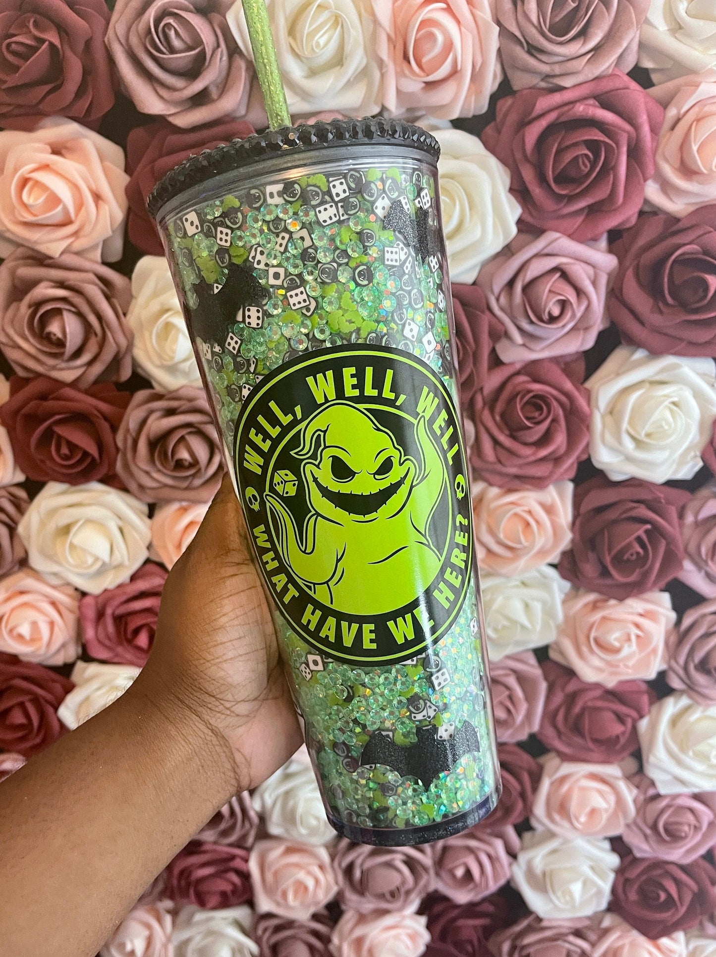 Halloween Green Mix Rhinestone Filled Tumbler, Rhinestone Lid, Reverse Rhinestones 24 oz