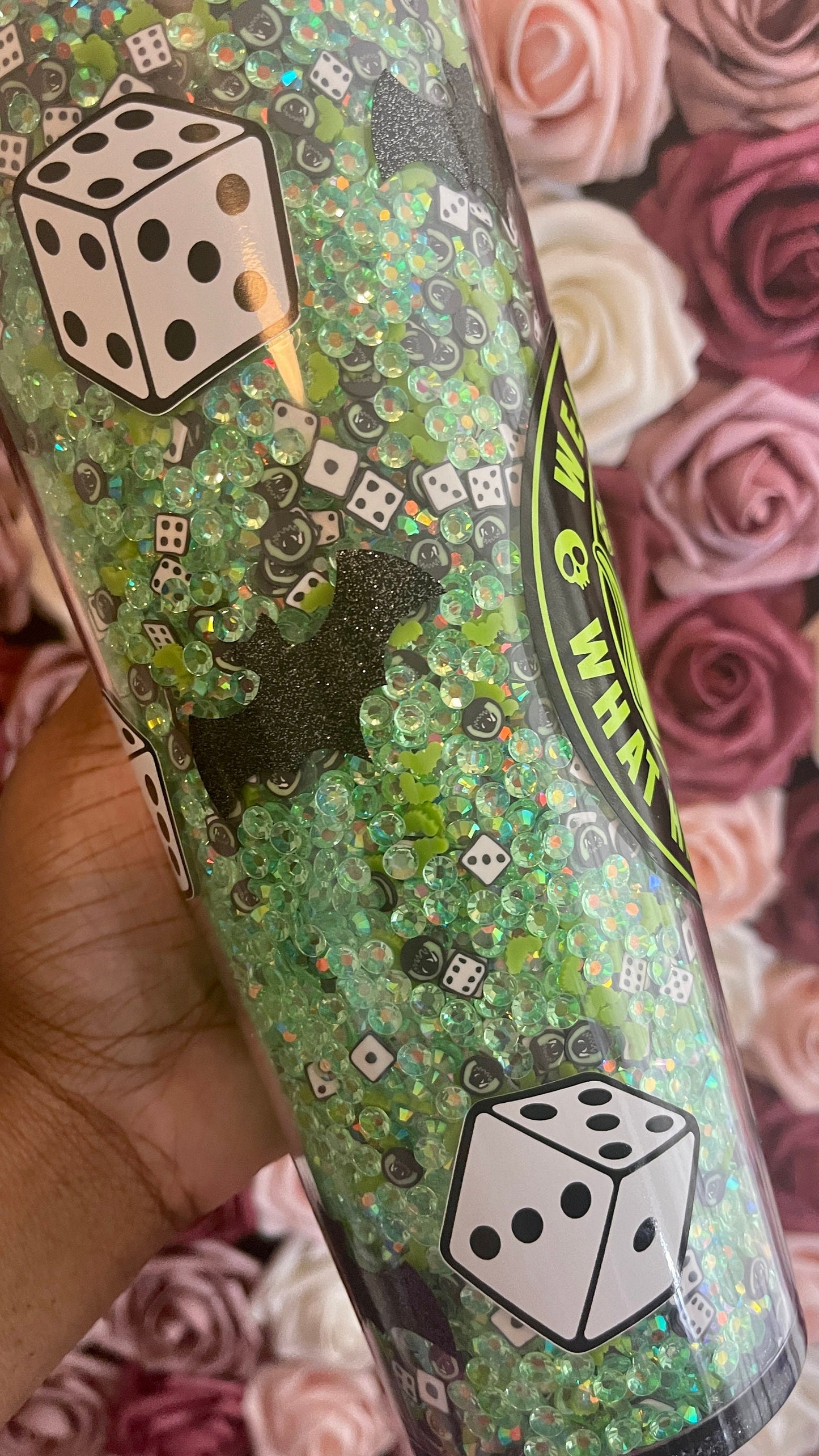 Halloween Green Mix Rhinestone Filled Tumbler, Rhinestone Lid, Reverse Rhinestones 24 oz
