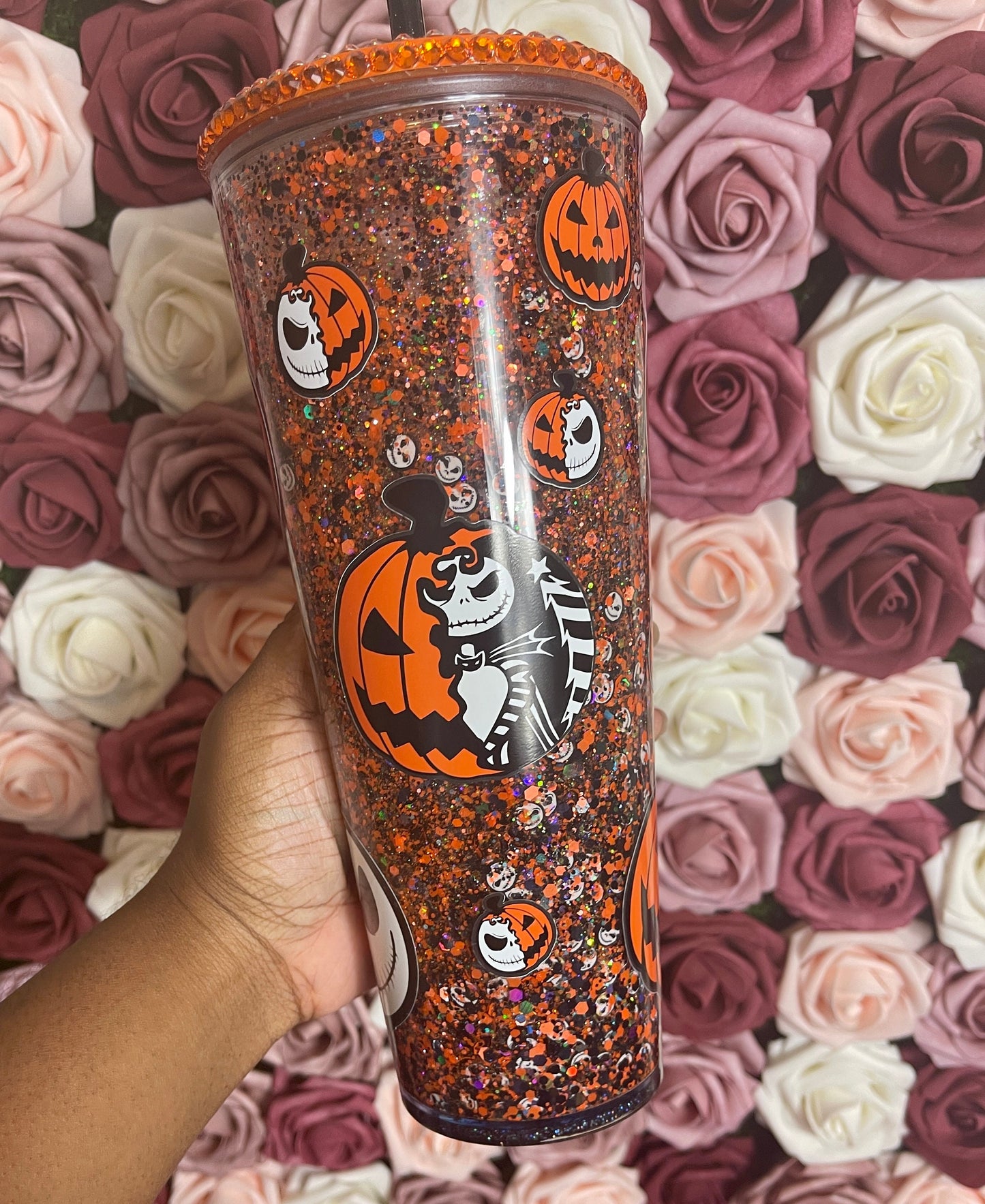 Spooky Pumpkin Orange & Black Halloween Snow Globe Tumbler