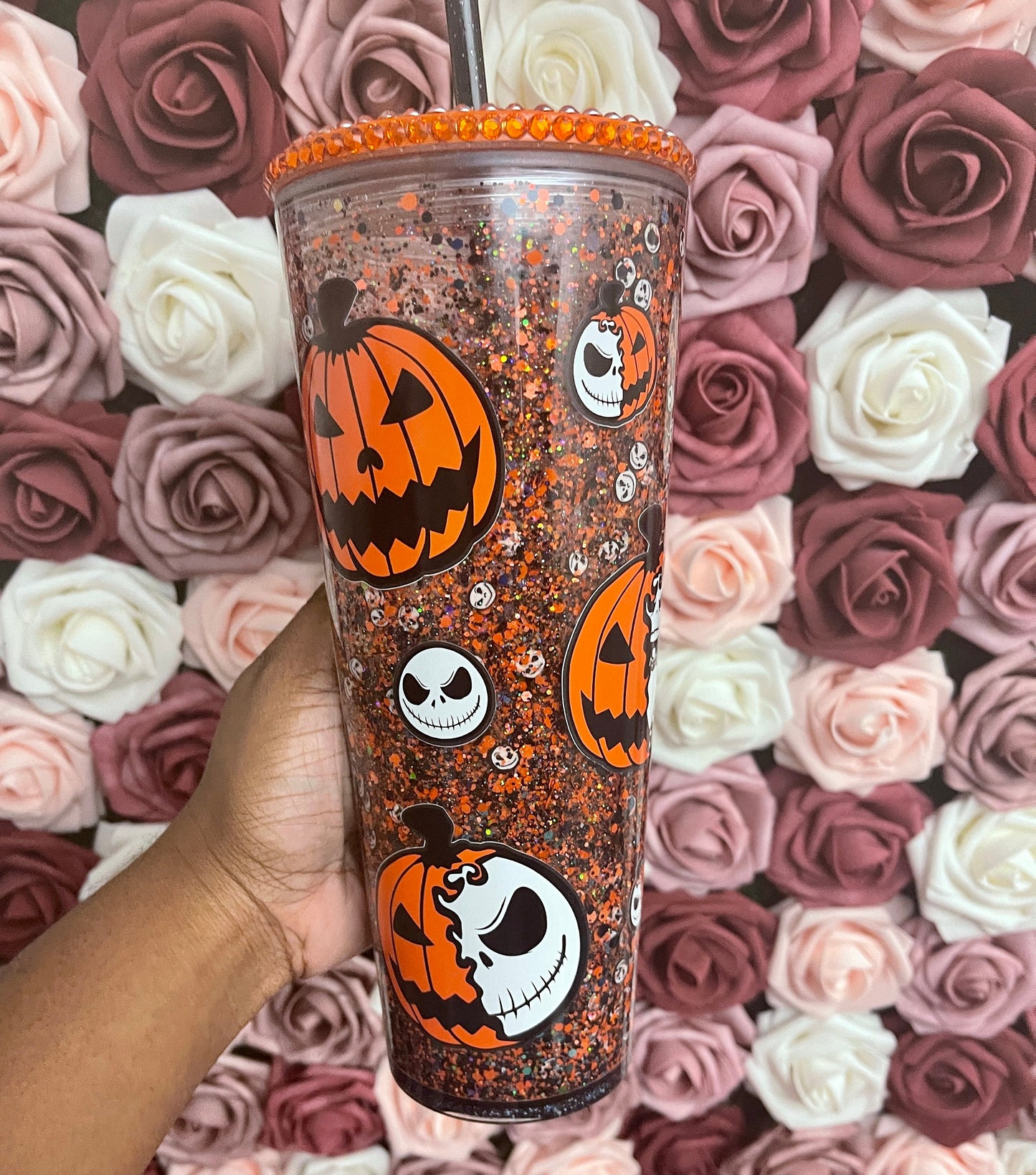 Spooky Pumpkin Orange & Black Halloween Snow Globe Tumbler
