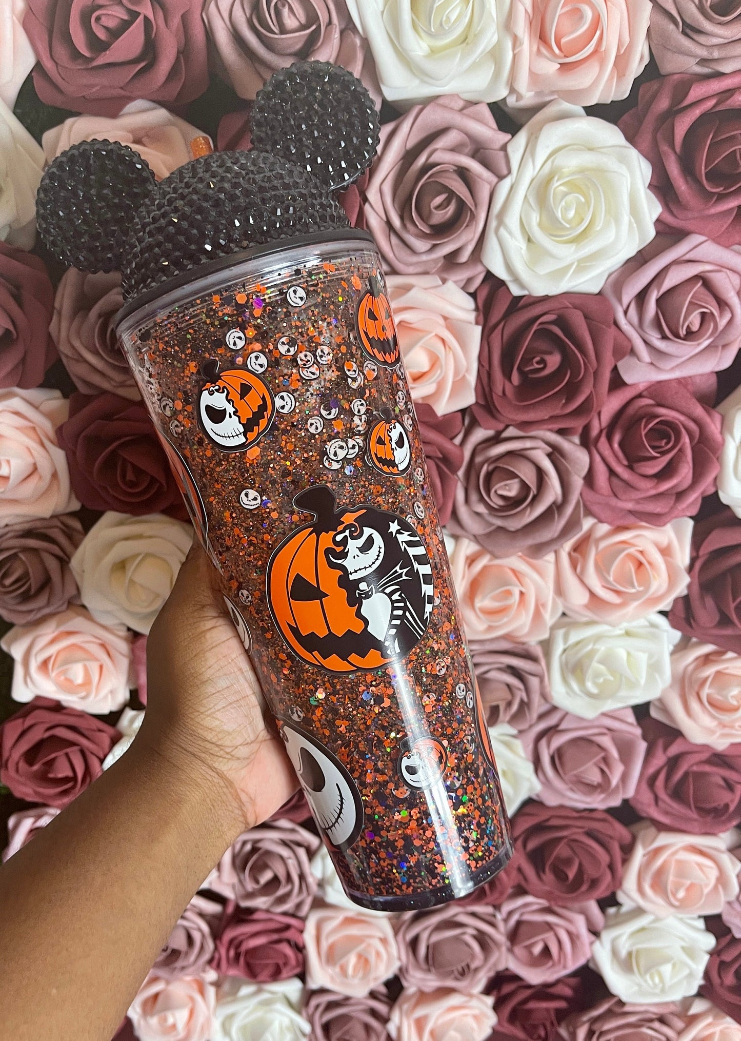 Spooky Pumpkin Orange & Black Halloween Snow Globe Tumbler