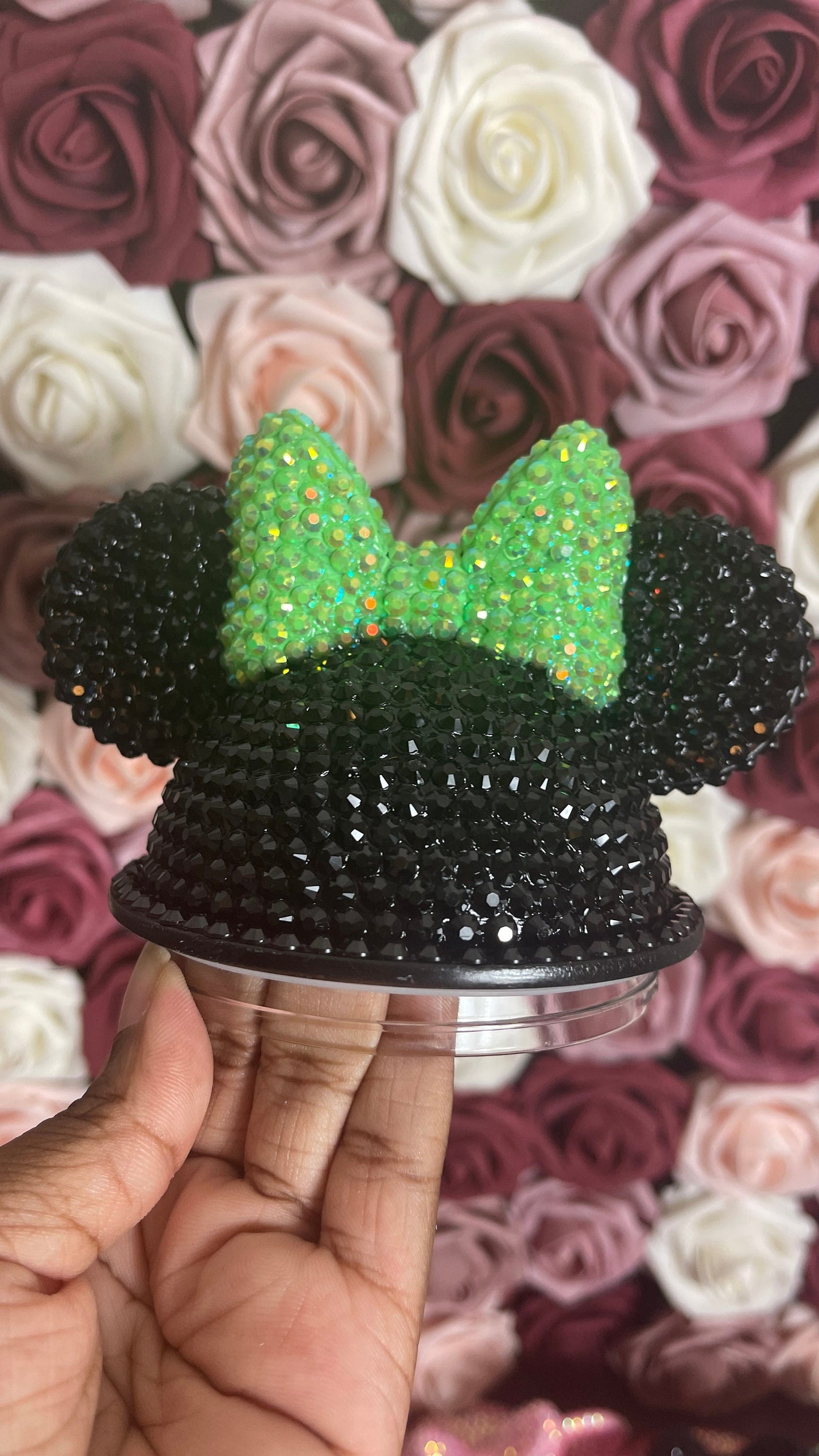 Black with Peridot Green Bow Full Bling Rhinestone Mouse Ear Lid, Lid Add On, Replacement Lid, Extra Lid, Fits Starbucks Tumblers