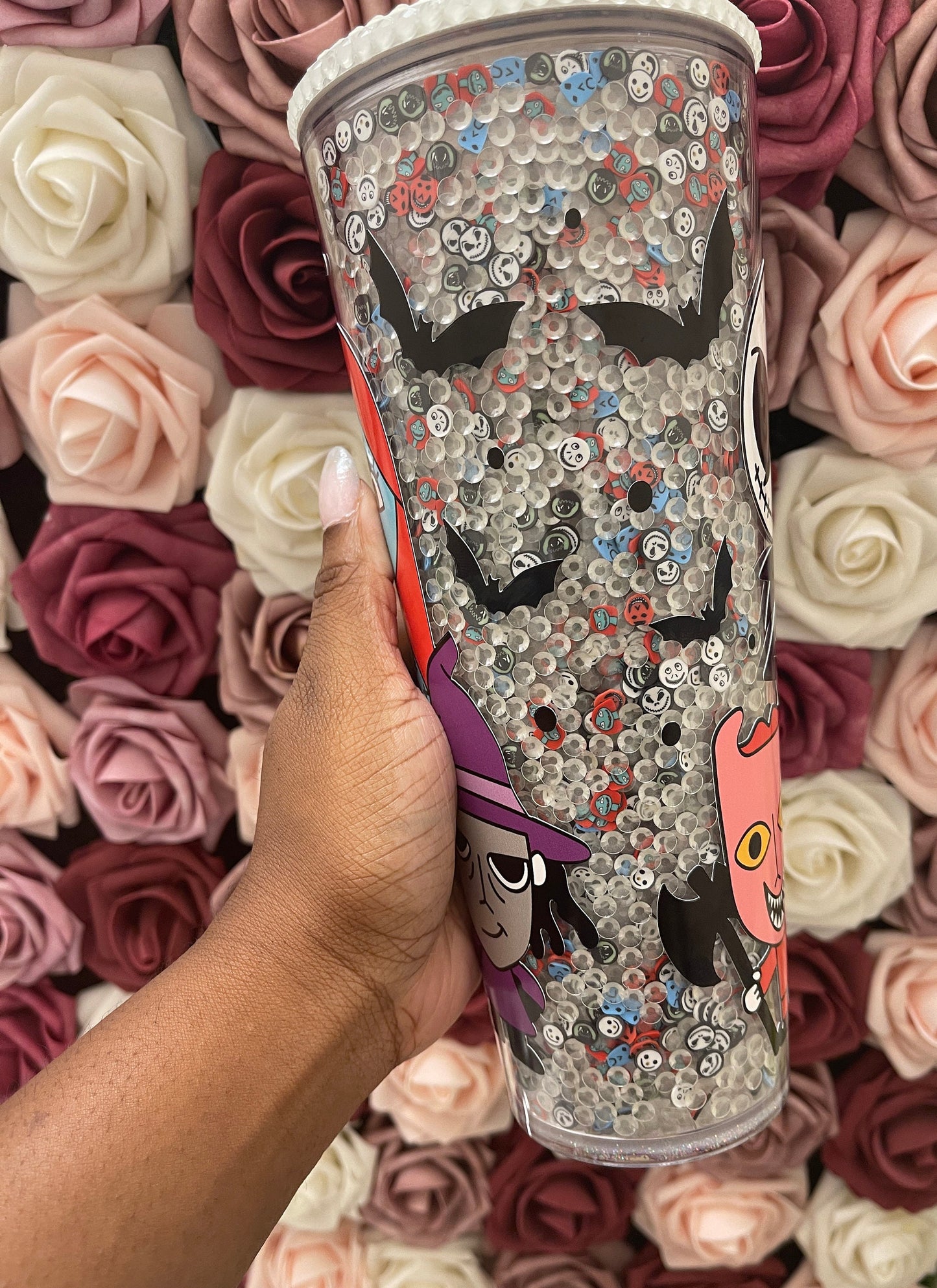 Halloween Nightmare Mix Glow in the Dark Rhinestone Filled Tumbler, Rhinestone Lid, Reverse Rhinestones 24 oz