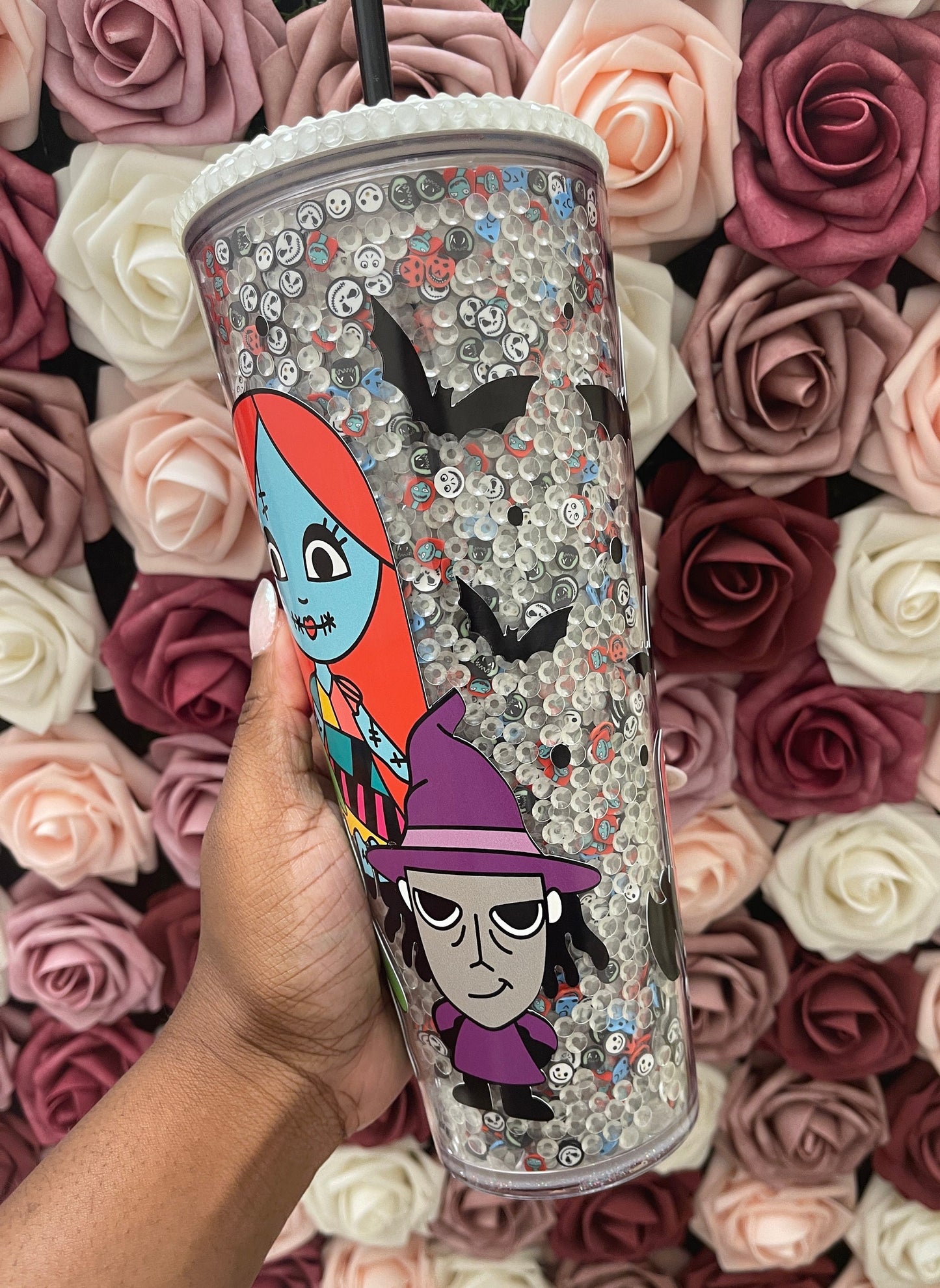 Halloween Nightmare Mix Glow in the Dark Rhinestone Filled Tumbler, Rhinestone Lid, Reverse Rhinestones 24 oz