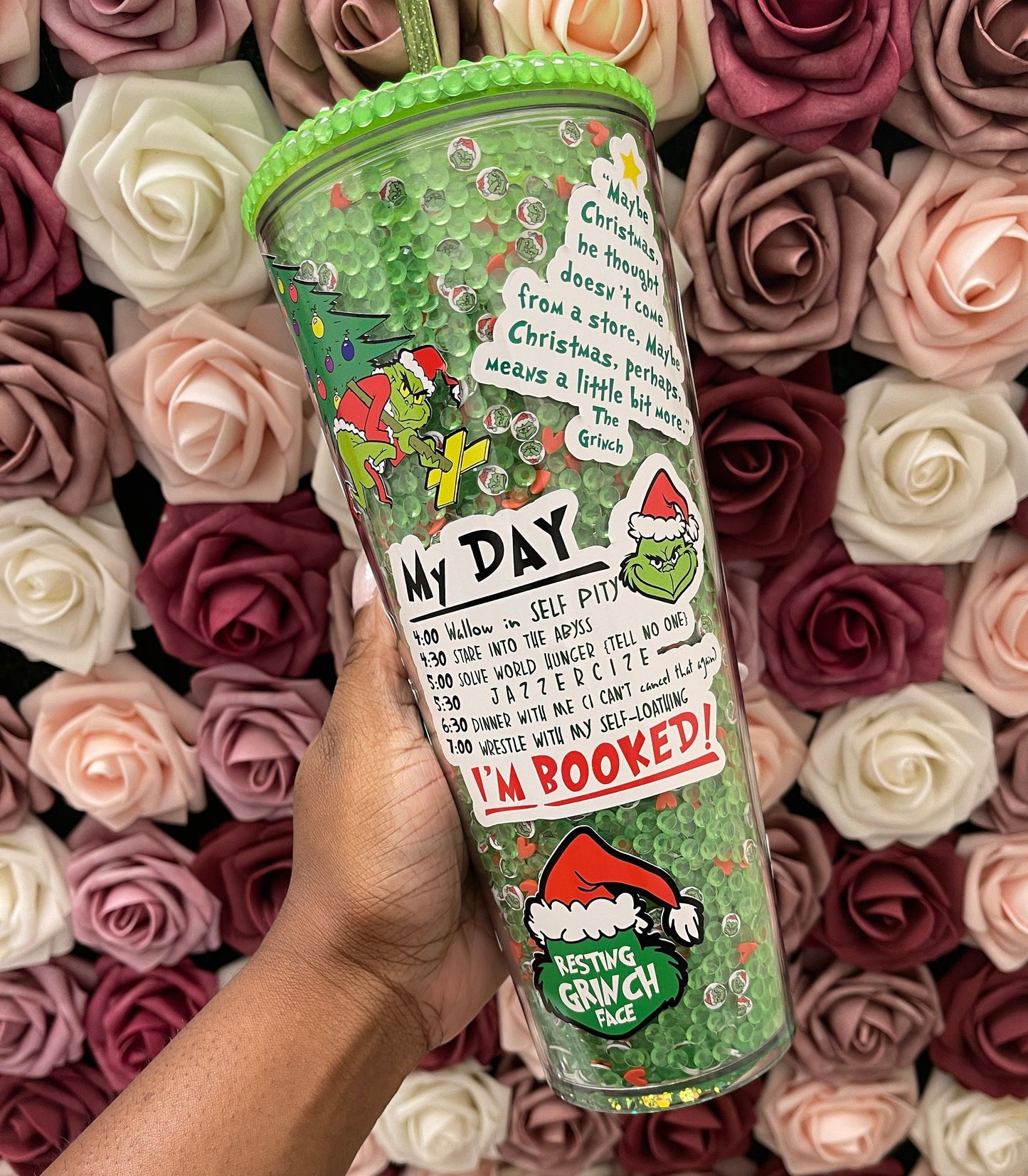 Christmas Green Meanie Glow in the Dark Rhinestone Filled Tumbler, Rhinestone Lid, Reverse Rhinestones 24 oz