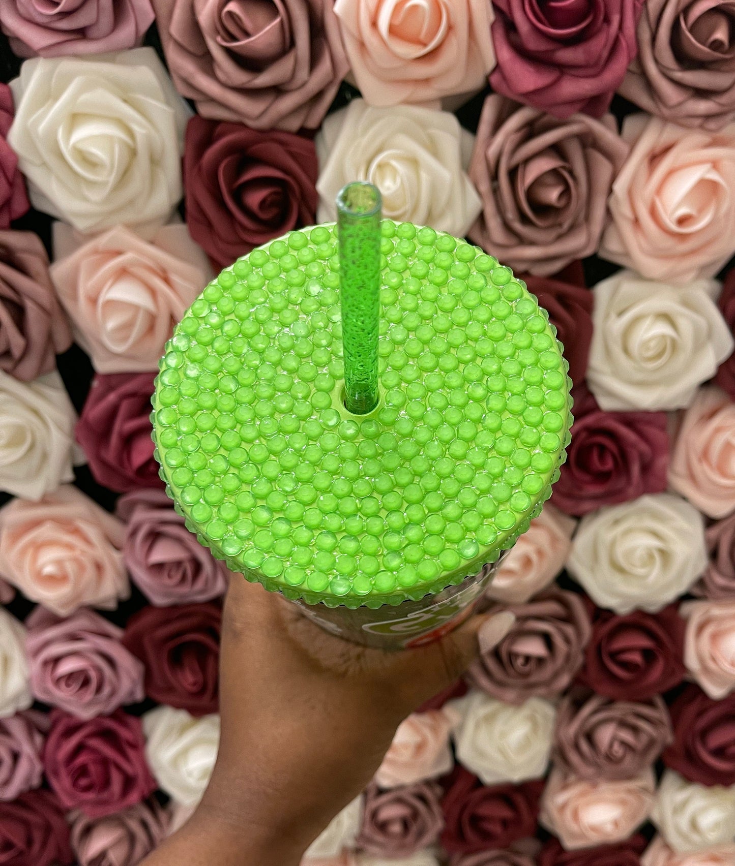 Christmas Green Meanie Glow in the Dark Rhinestone Filled Tumbler, Rhinestone Lid, Reverse Rhinestones 24 oz