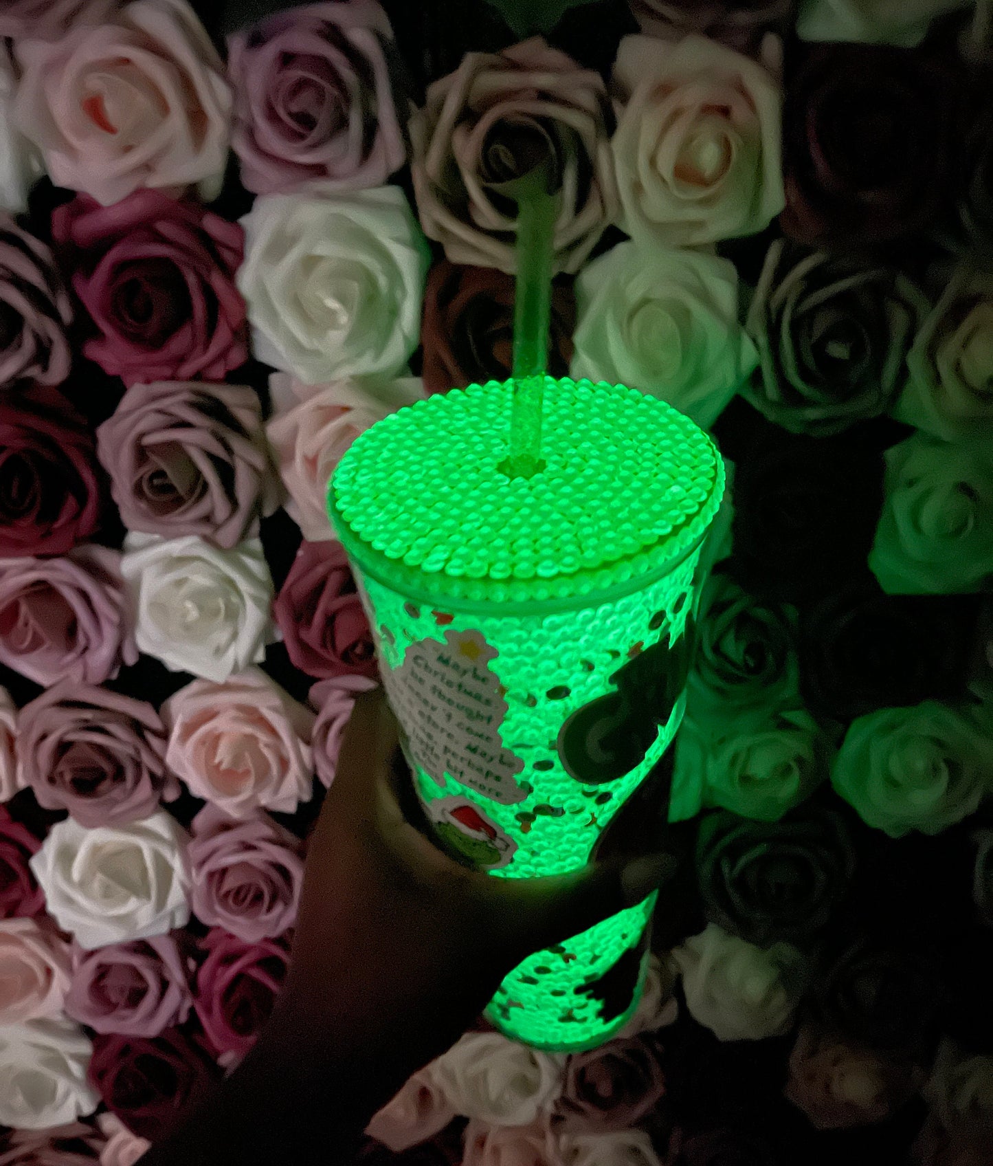 Christmas Green Meanie Glow in the Dark Rhinestone Filled Tumbler, Rhinestone Lid, Reverse Rhinestones 24 oz