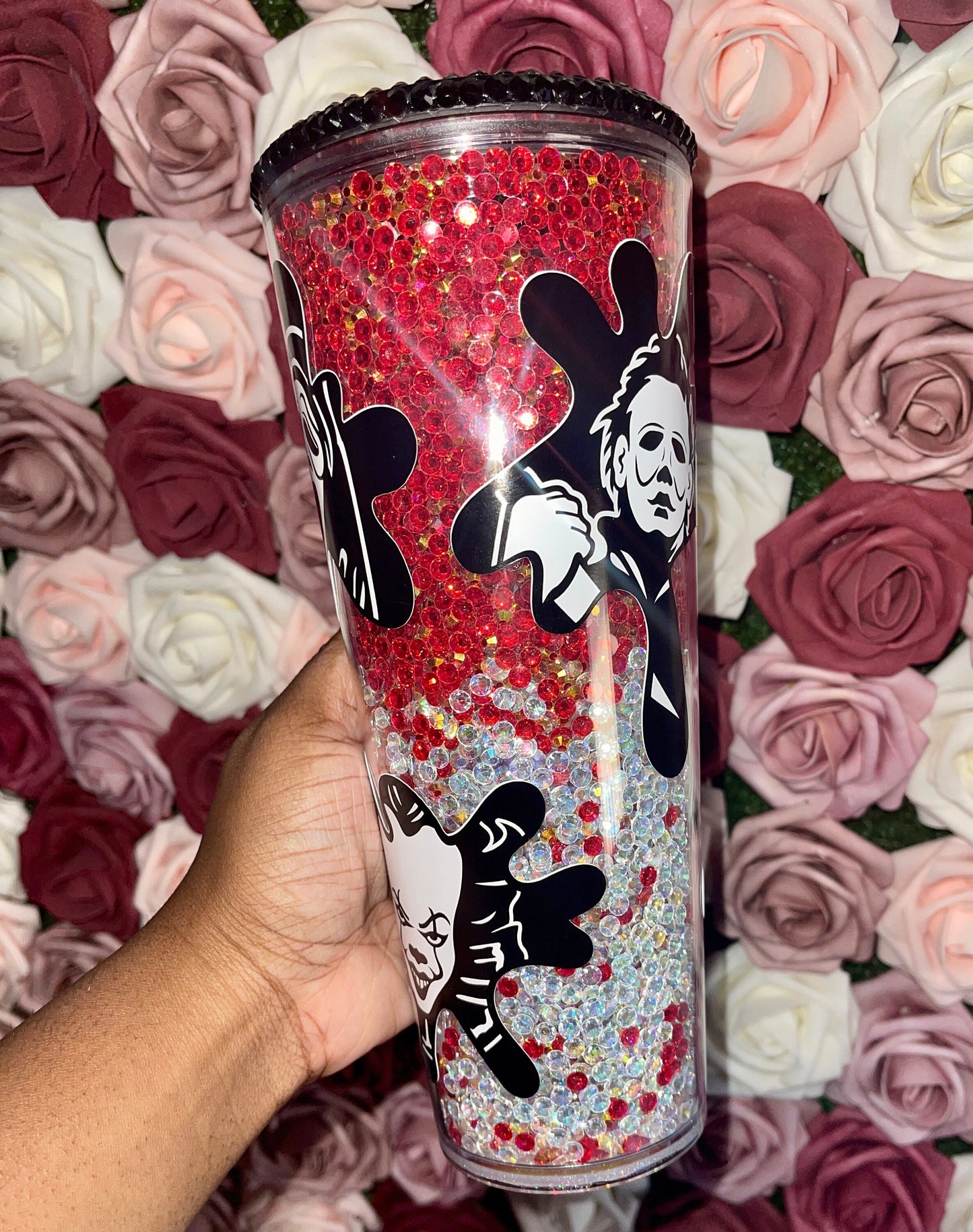 Halloween Scary Guys Blood Ombre Drip Rhinestone Filled Tumbler, Rhinestone Lid, Reverse Rhinestones 24 oz