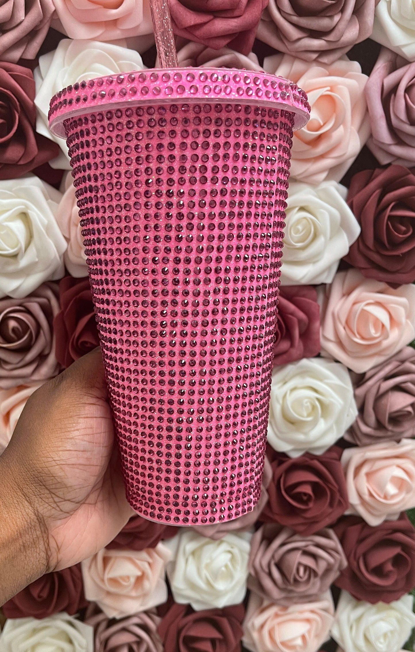Flamingo Pink with Rose Pink Rhinestones Starbucks Cold Cup Rhinestone Bling Bedazzled Glitter Tumbler, 24 oz Reusable Plastic