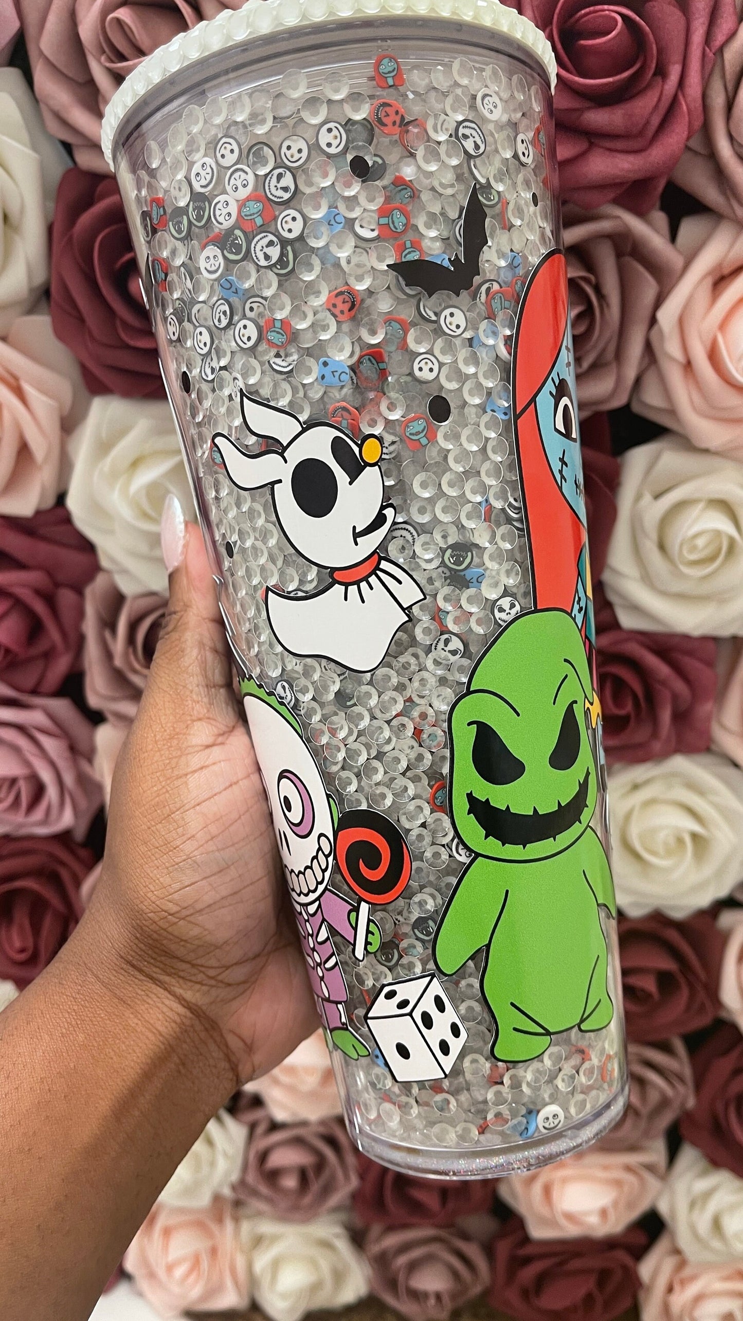 Halloween Nightmare Mix Glow in the Dark Rhinestone Filled Tumbler, Rhinestone Lid, Reverse Rhinestones 24 oz