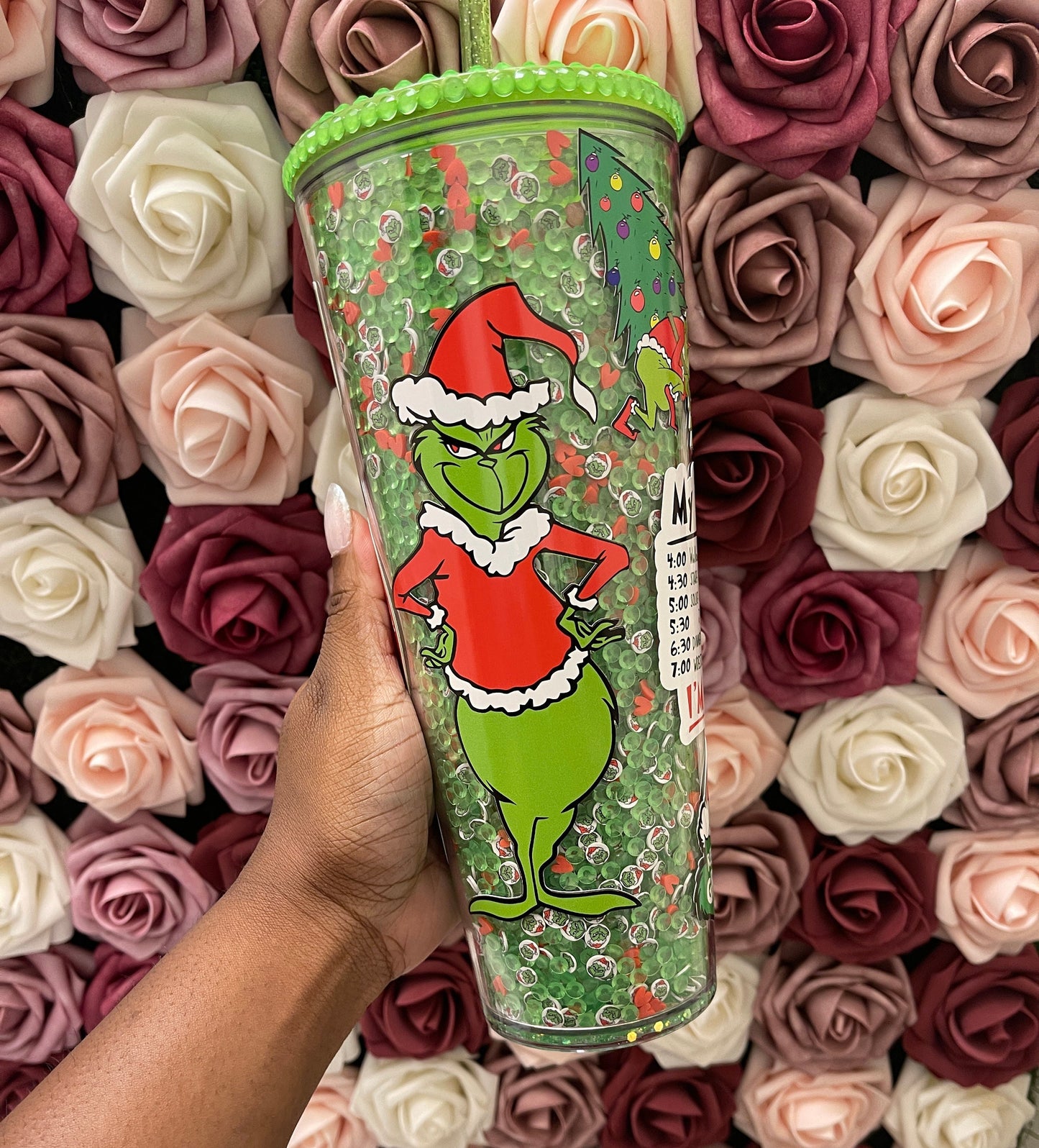 Christmas Green Meanie Glow in the Dark Rhinestone Filled Tumbler, Rhinestone Lid, Reverse Rhinestones 24 oz
