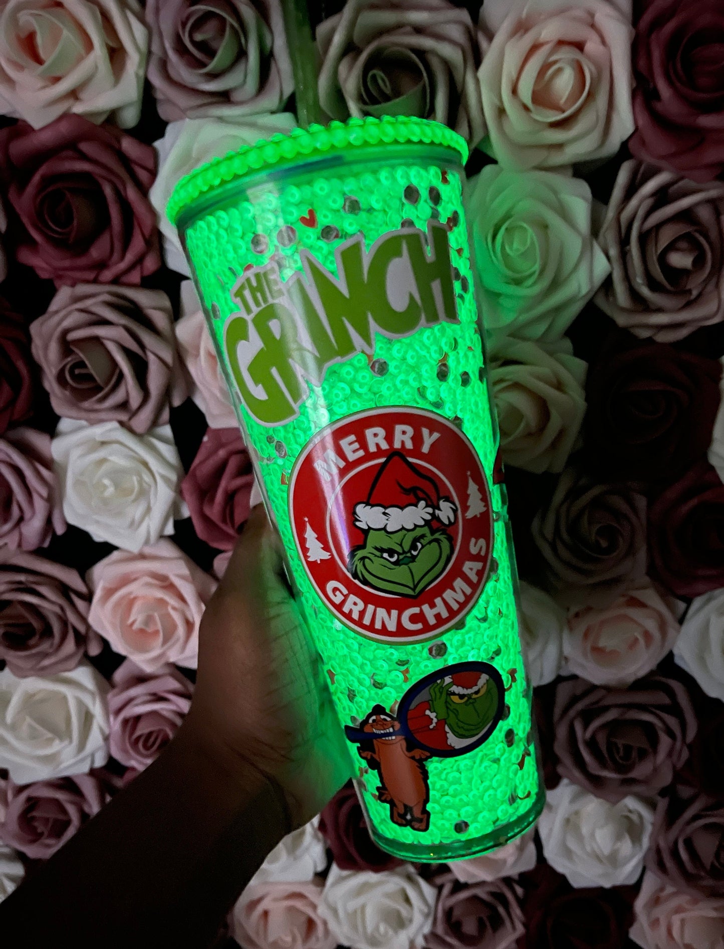 Christmas Green Meanie Glow in the Dark Rhinestone Filled Tumbler, Rhinestone Lid, Reverse Rhinestones 24 oz