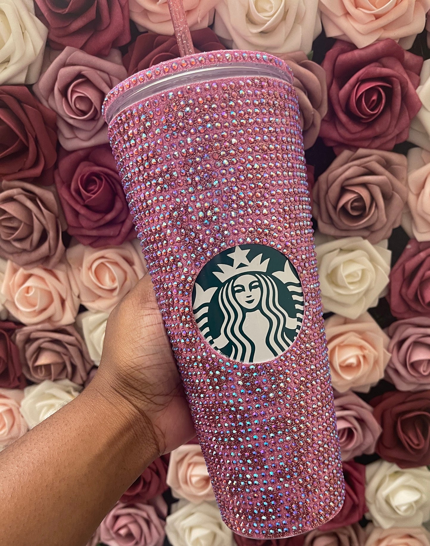Flamingo Pink & Rose Gold Glitter HTV with Rose Pink AB Rhinestones Cheetah Leopard Print Vinyl Full Bling Venti Acrylic Starbucks Tumbler