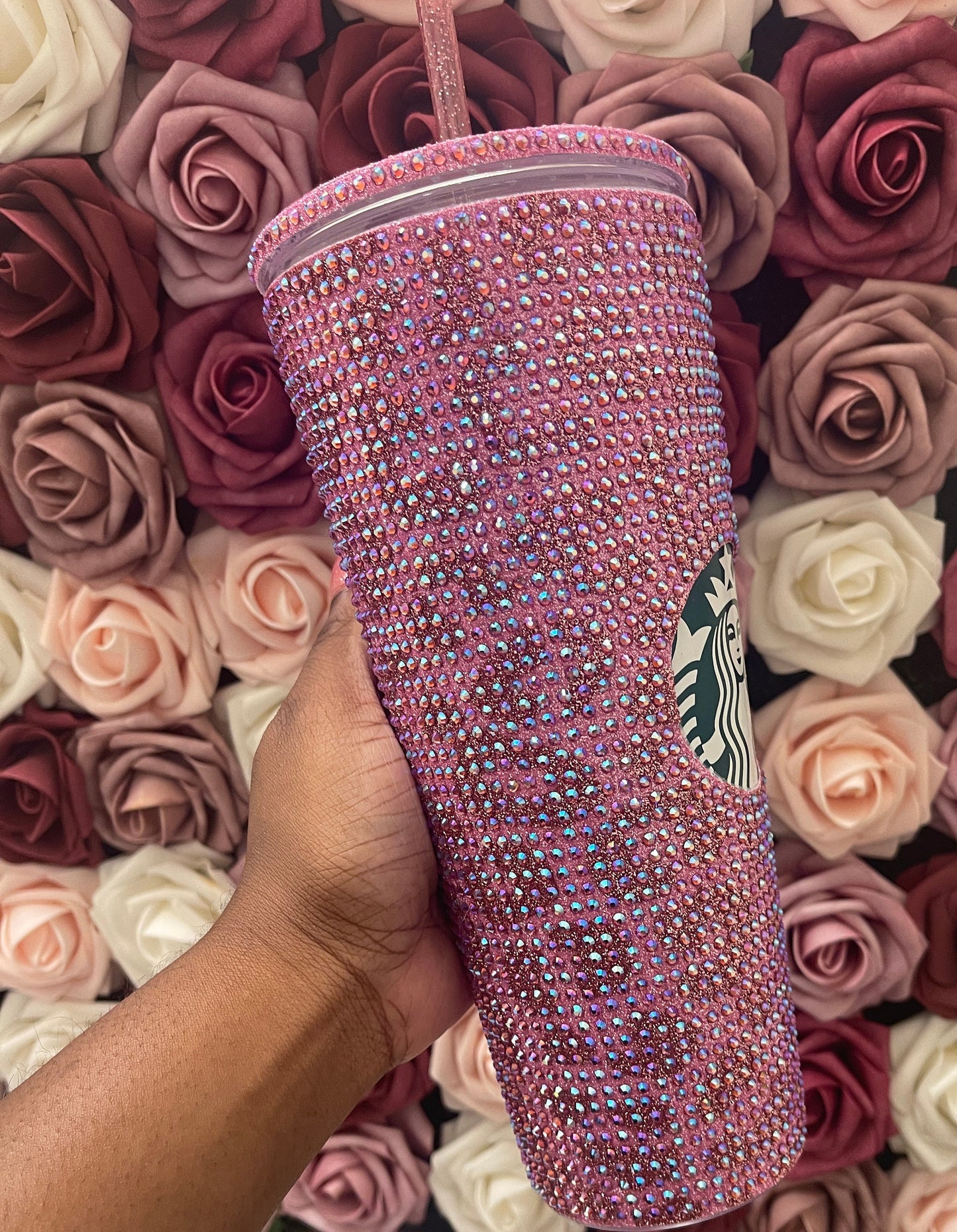 Flamingo Pink & Rose Gold Glitter HTV with Rose Pink AB Rhinestones Cheetah Leopard Print Vinyl Full Bling Venti Acrylic Starbucks Tumbler