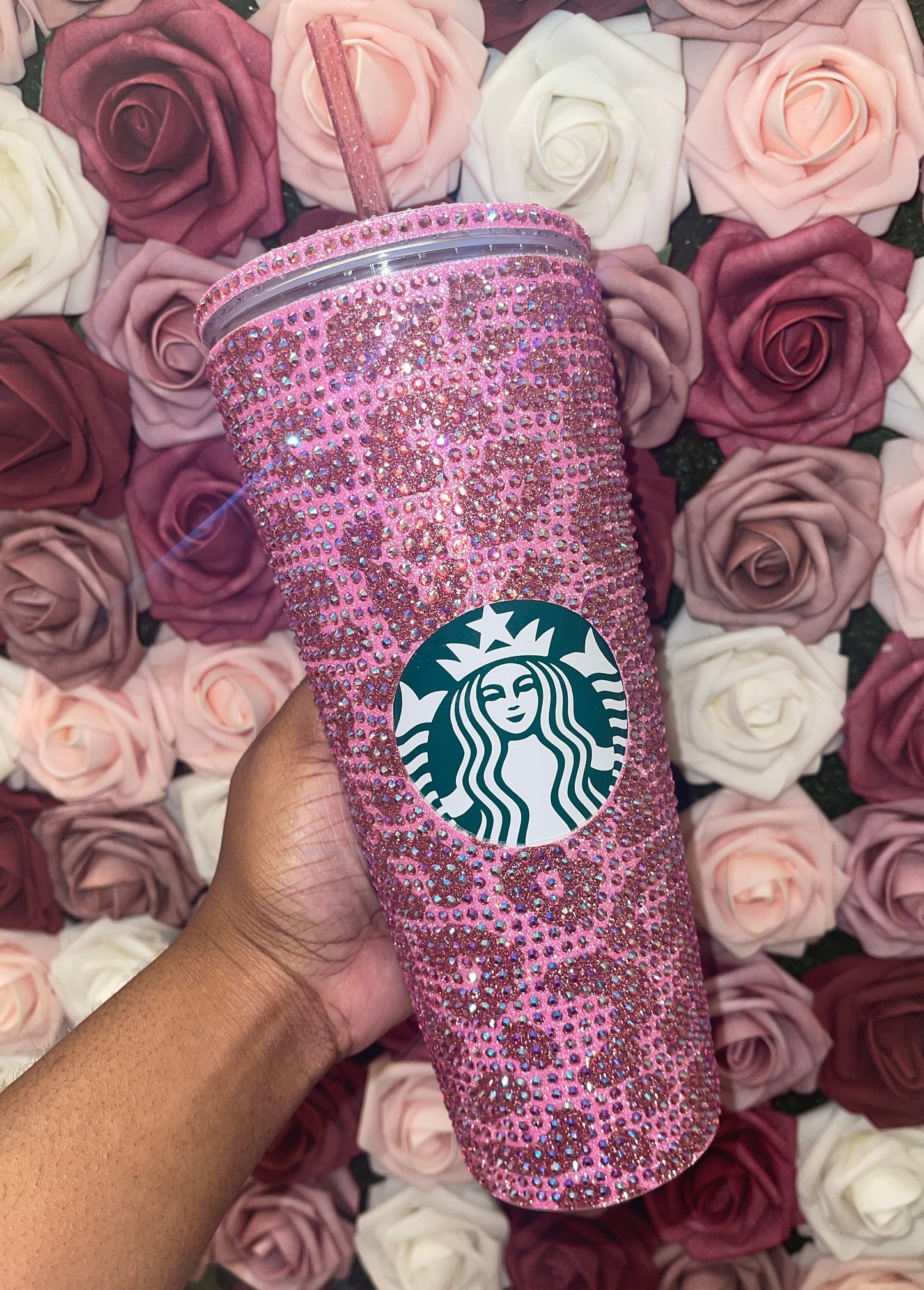 Flamingo Pink & Rose Gold Glitter HTV with Rose Pink AB Rhinestones Cheetah Leopard Print Vinyl Full Bling Venti Acrylic Starbucks Tumbler