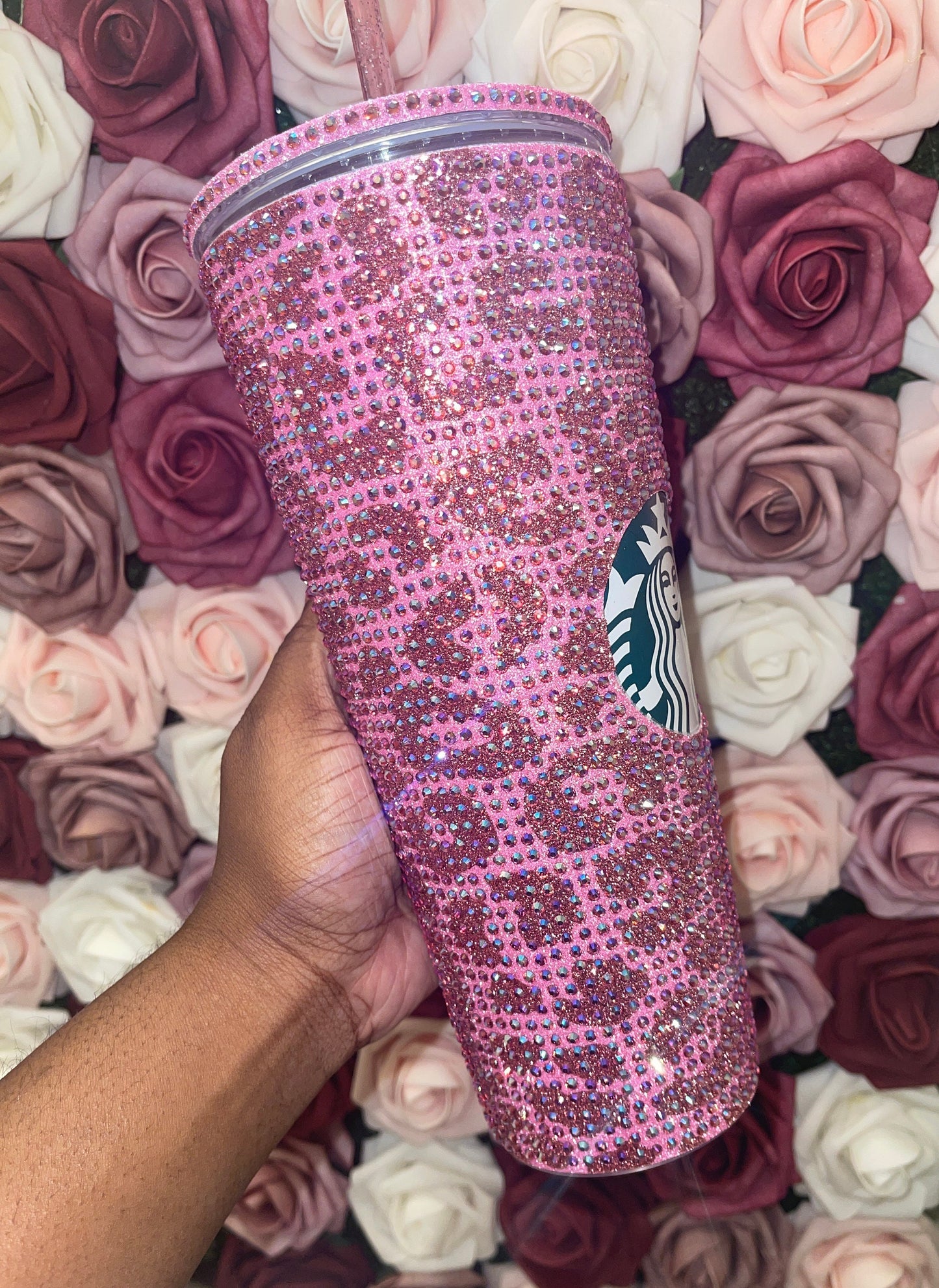 Flamingo Pink & Rose Gold Glitter HTV with Rose Pink AB Rhinestones Cheetah Leopard Print Vinyl Full Bling Venti Acrylic Starbucks Tumbler