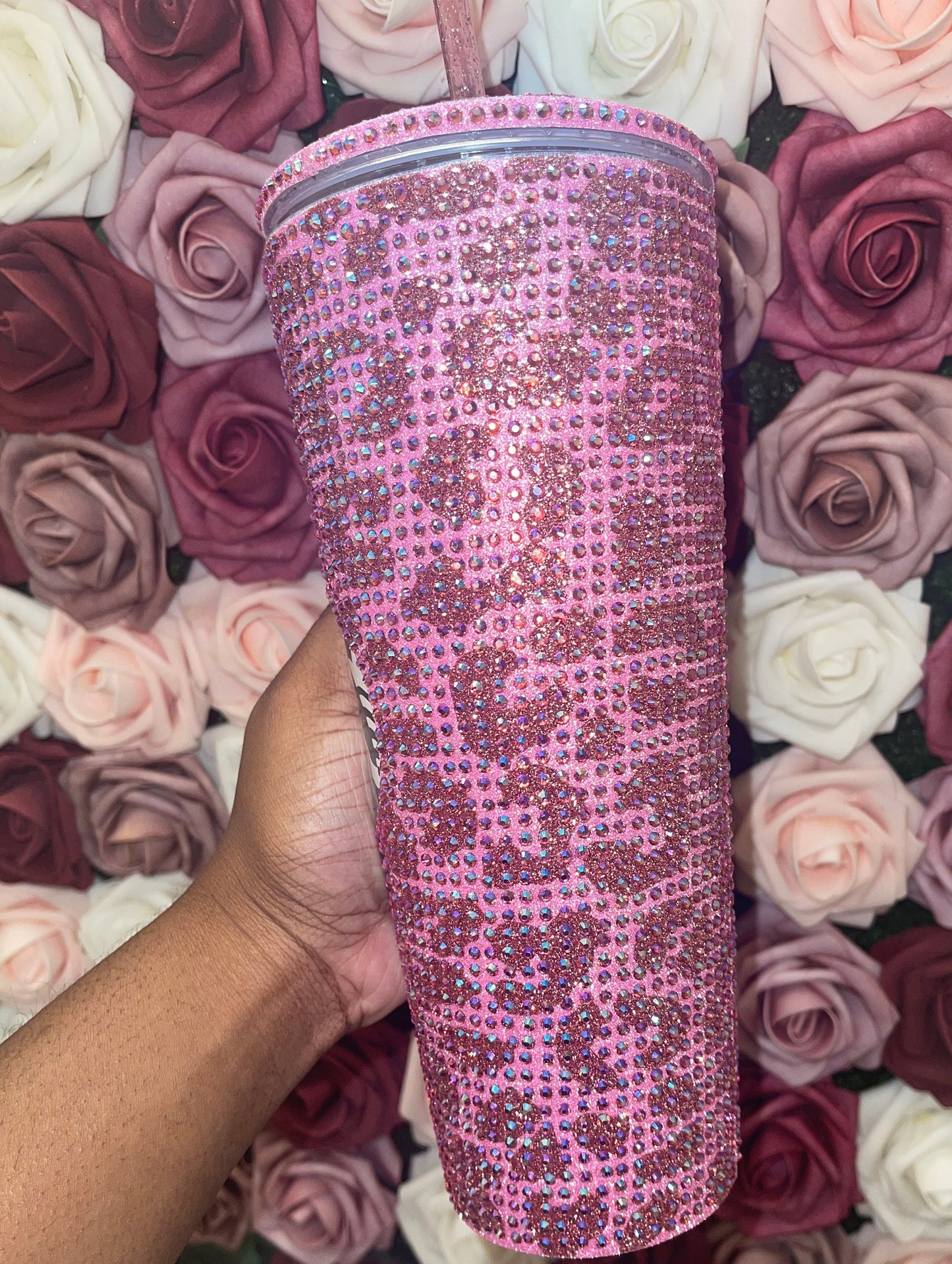 Flamingo Pink & Rose Gold Glitter HTV with Rose Pink AB Rhinestones Cheetah Leopard Print Vinyl Full Bling Venti Acrylic Starbucks Tumbler